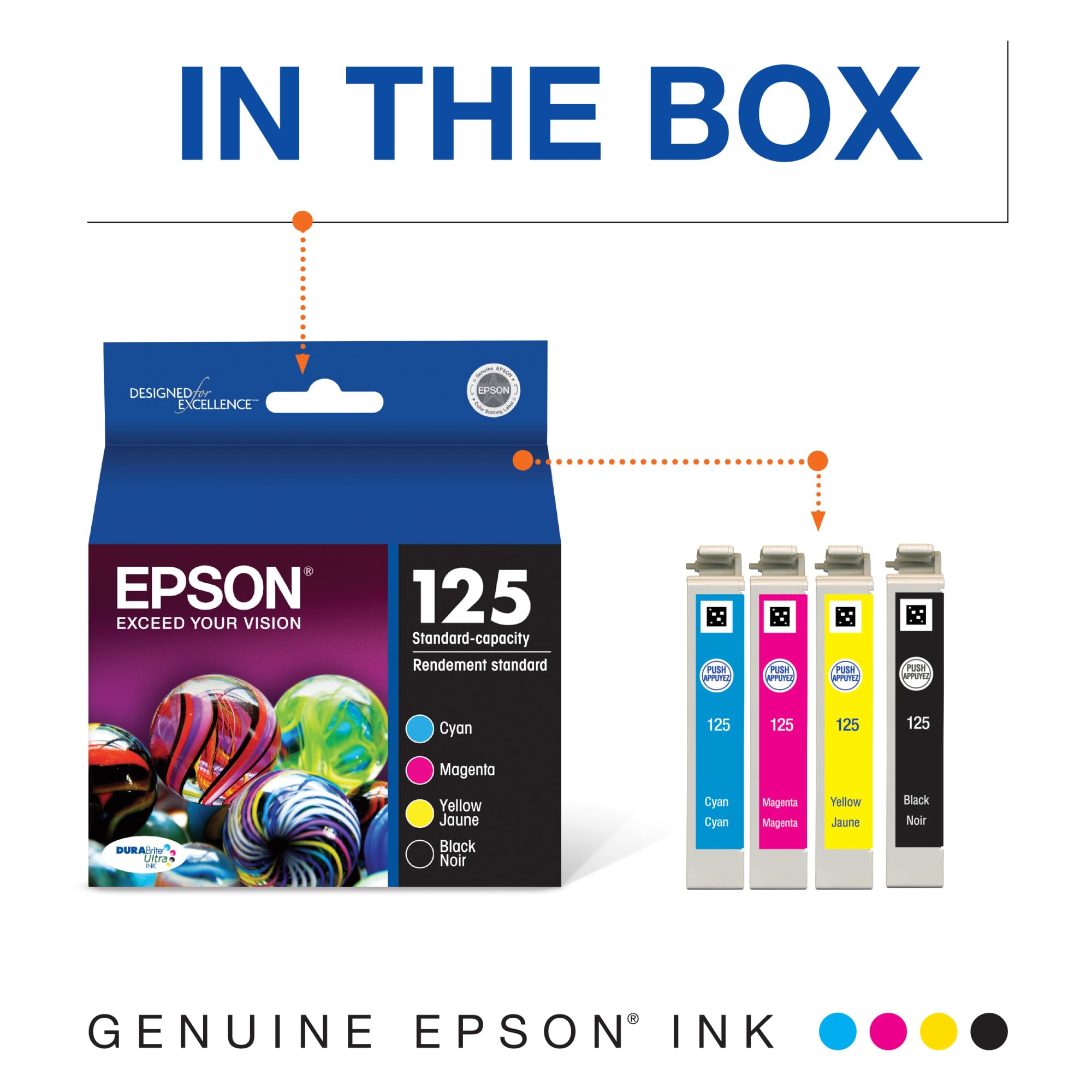 EPSON 125 DURABrite Ultra Ink Black & Color Cartridge Combo Pack For Stylus NX-125, NX-127, NX-130, NX-230, NX-420, NX-530, NX-625, WorkForce WF-320, WF-323, WF-325, WF-520