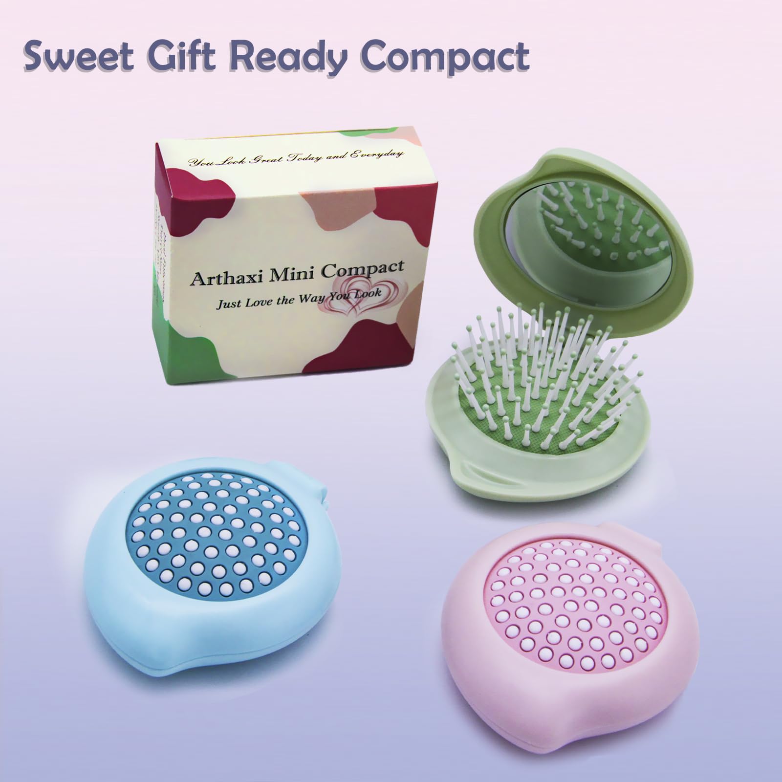 Arthaxi Hair Brush with Mirror, Compact Mirror with Mini Hair Brush Set, Folding Hairbrush for Women, Small Hair Comb with Mirror Combo, Blue