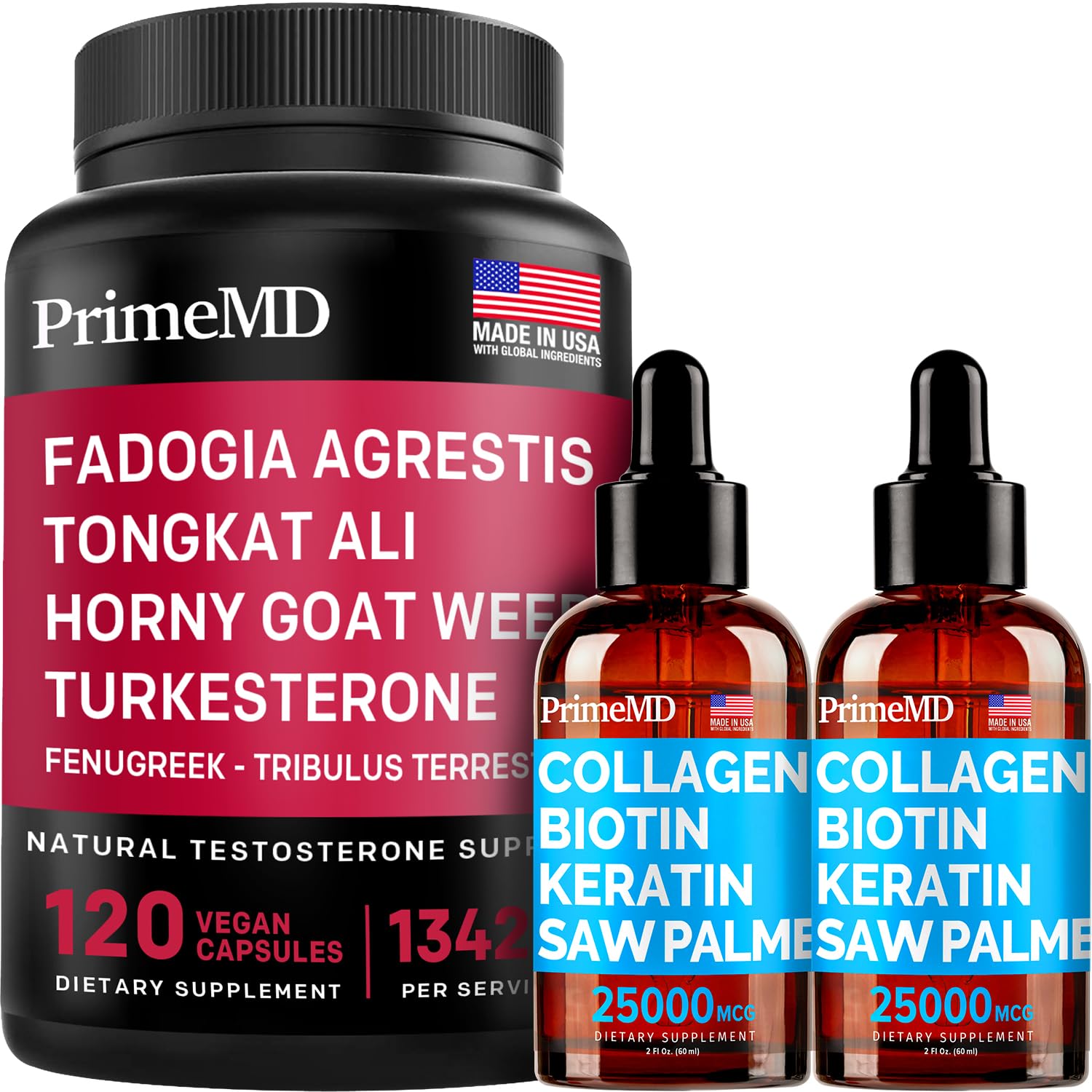 Liquid Collagen Biotin (2pk) and Fadogia Tongkat Ali (1pk) Supplement Bundle - Potent Vitamins for Hair, Skin, Nails, Heart, Energy, & Testosterone Support - Non-GMO, Vegan
