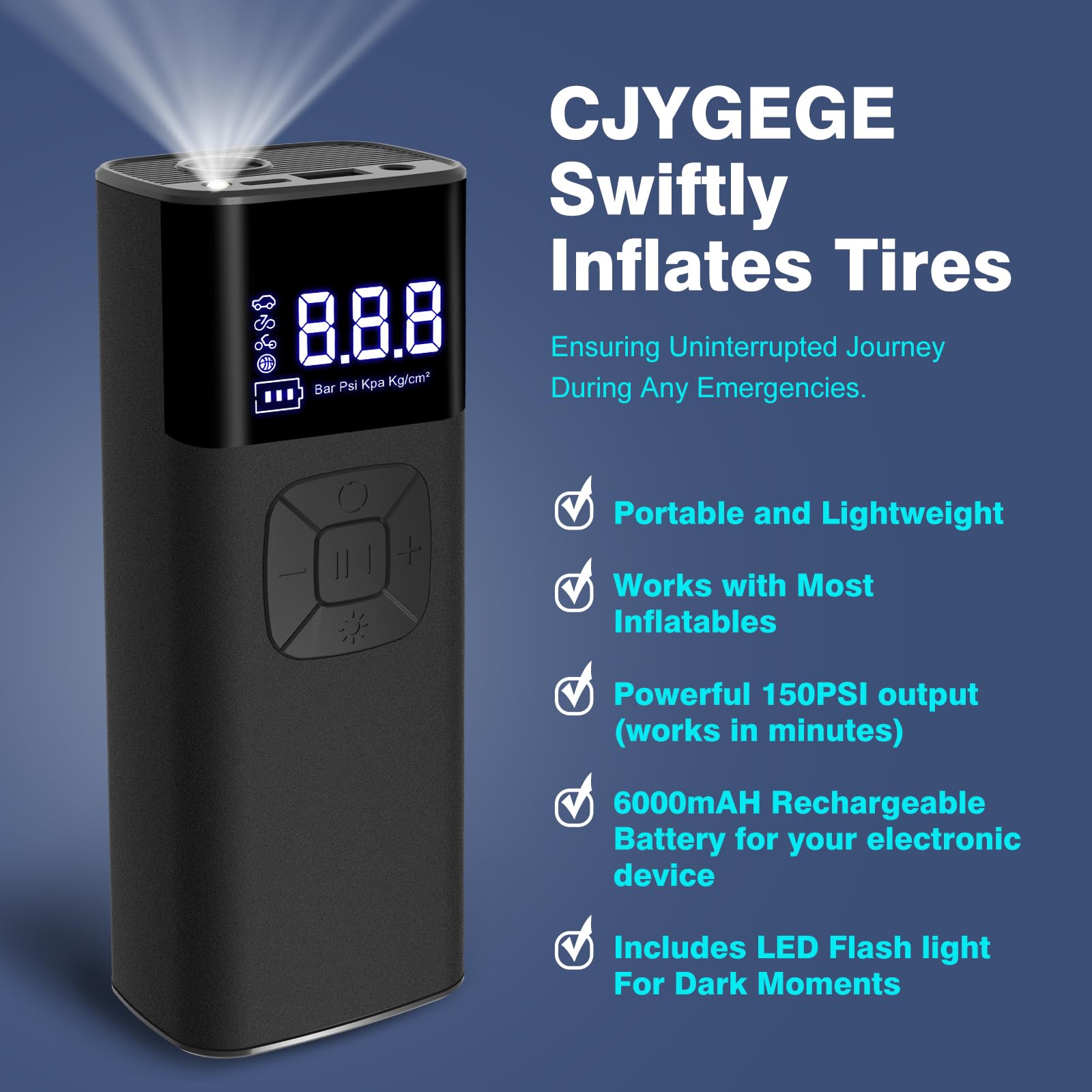 CJYGEGE Tire Inflator Portable Air Compressor - 12V DC, 150PSI, 4X Faster Cordless Air Pump with Digital Pressure Gauge and LED Light for Cars, Motorcycles, Bikes, Balls