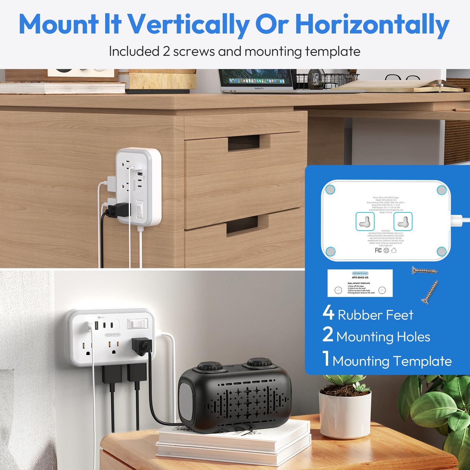 NTONPOWER Surge Protector Power Strip with USB, Flat Plug Extension Cord with 4 USB 6 Outlets, 5 Ft White Extension Cord, Overload Protection for Travel, Indoor, Home Office, Dorm Room Essentials