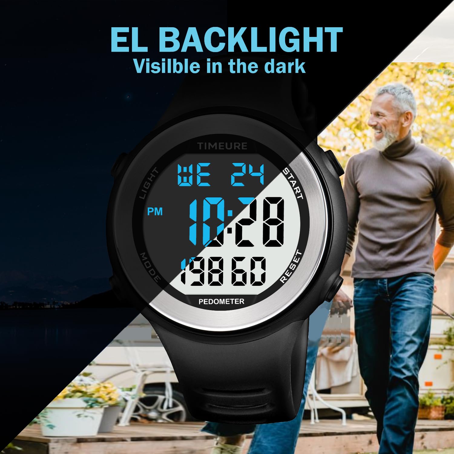 Mens Pedometer Watch for Walking Step Counter Watch No Charging, No App Connection, with EL Backlight. Simple, Practical Choice for Mobile-Free Fitness Enthusiasts TIMEURE-2308 (Black)