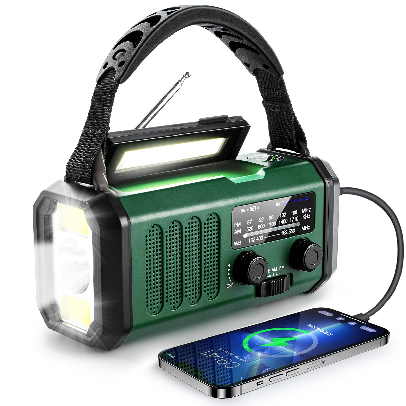 10000mAh Crank Radio, Emergency Radio, Solar Radio, NOAA/AM/FM Weather Radio, USB Type-C Charging, Dynamo Radio, Polymer Battery, Torch & LED Reading Light, SOS Alarm, Compass for Camping green