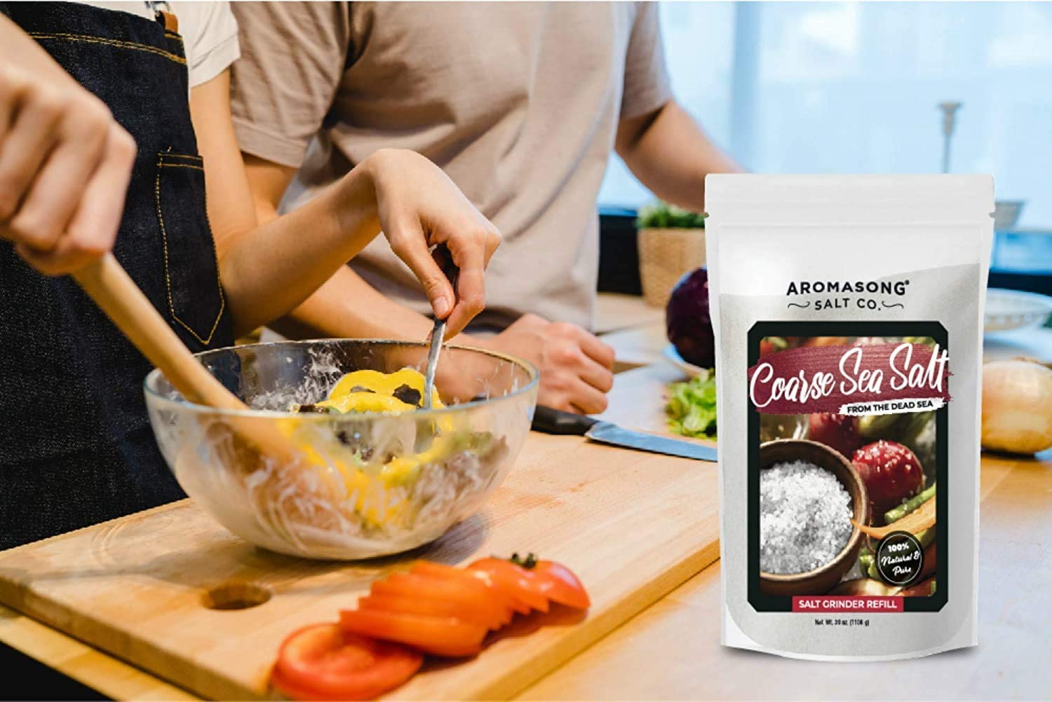 Aromasong 100% Natural Sea Salt Coarse Grain 2.43 LB with Fine Grain Sea Salt 2.43 LB from the Dead Sea, Unrefined, Gluten Free, Grinder Refill, Pure Sea Salt for Daily Cooking & Pickling Salt