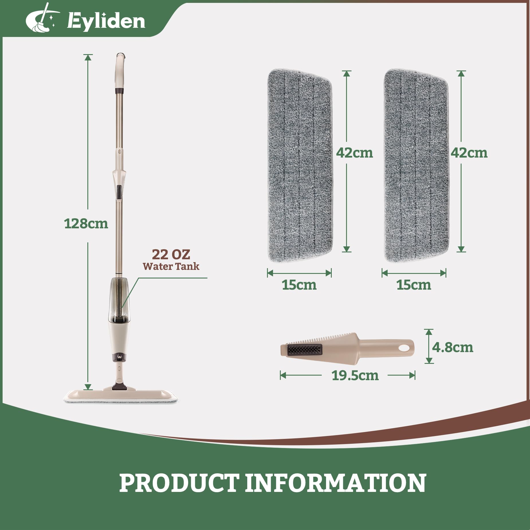 Eyliden Wet and Dry Spray Mop - 360° Rotating Head, 22 oz Refillable Bottle, 2 Washable Microfiber Pads, Ergonomic Handle - Floor Mop with Spray for Hardwood, Tile, and Laminate Floors (Brown)