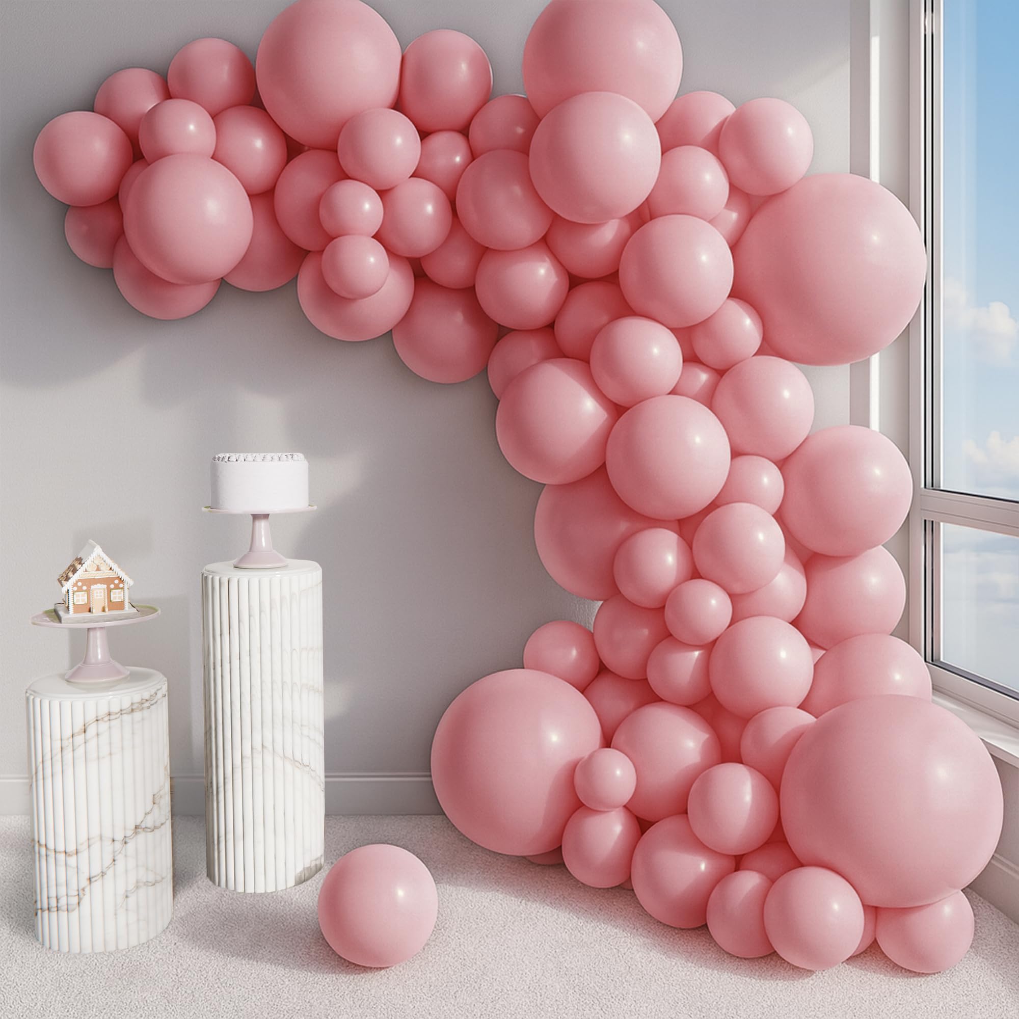 Balloon Garland Arch Kit – 146 Pcs Dusty Pink Balloons & Baby Shower Boxes with Letters – White Boxes with Rose Gold, Dusty Pink, Sand & White Balloons