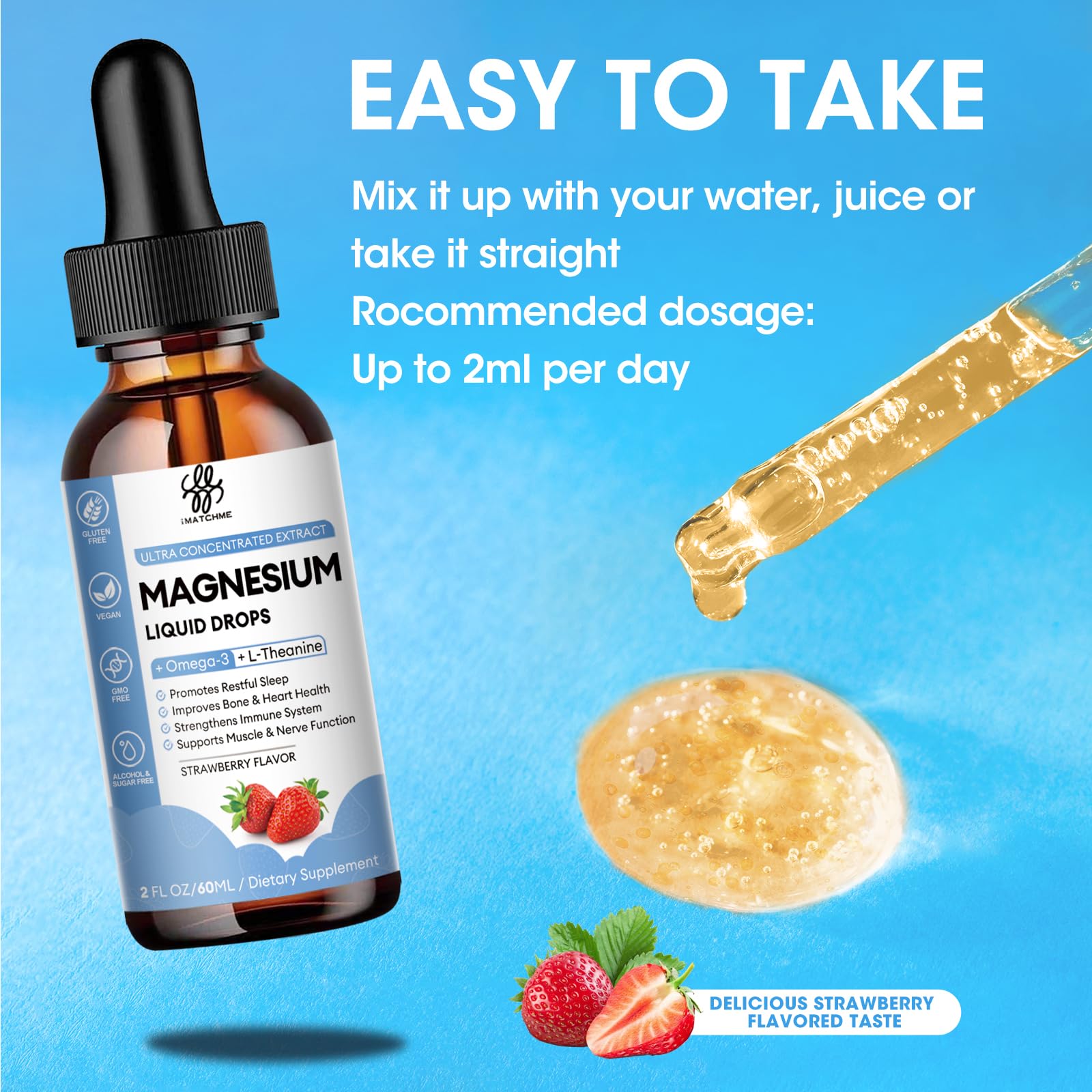(2 Pack) Magnesium Glycinate Liquid Drop with Citrate, Oxide and Taurate, Calm Magnesium with Omega3, L-Theanine, D3, B6, B12 for Calm, Sleep, Leg Cramps, Muscles, Energy, Sugar-Free Strawberry Flavor