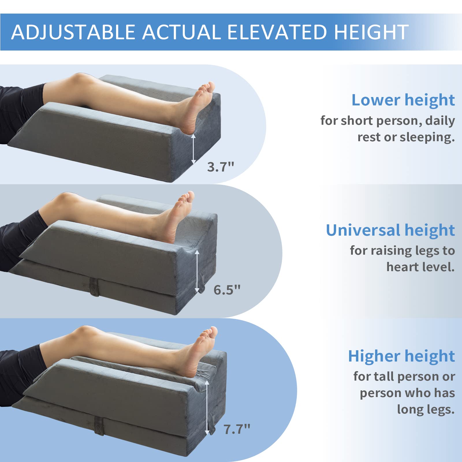 KingPavonini 4-Height Adjustable Leg Elevation Pillows for After Surgery, Injuries, or Rest, Memory Foam Leg Pillows for Sleeping with 3 Handles and Insert Pad, Washable Velvet Cover