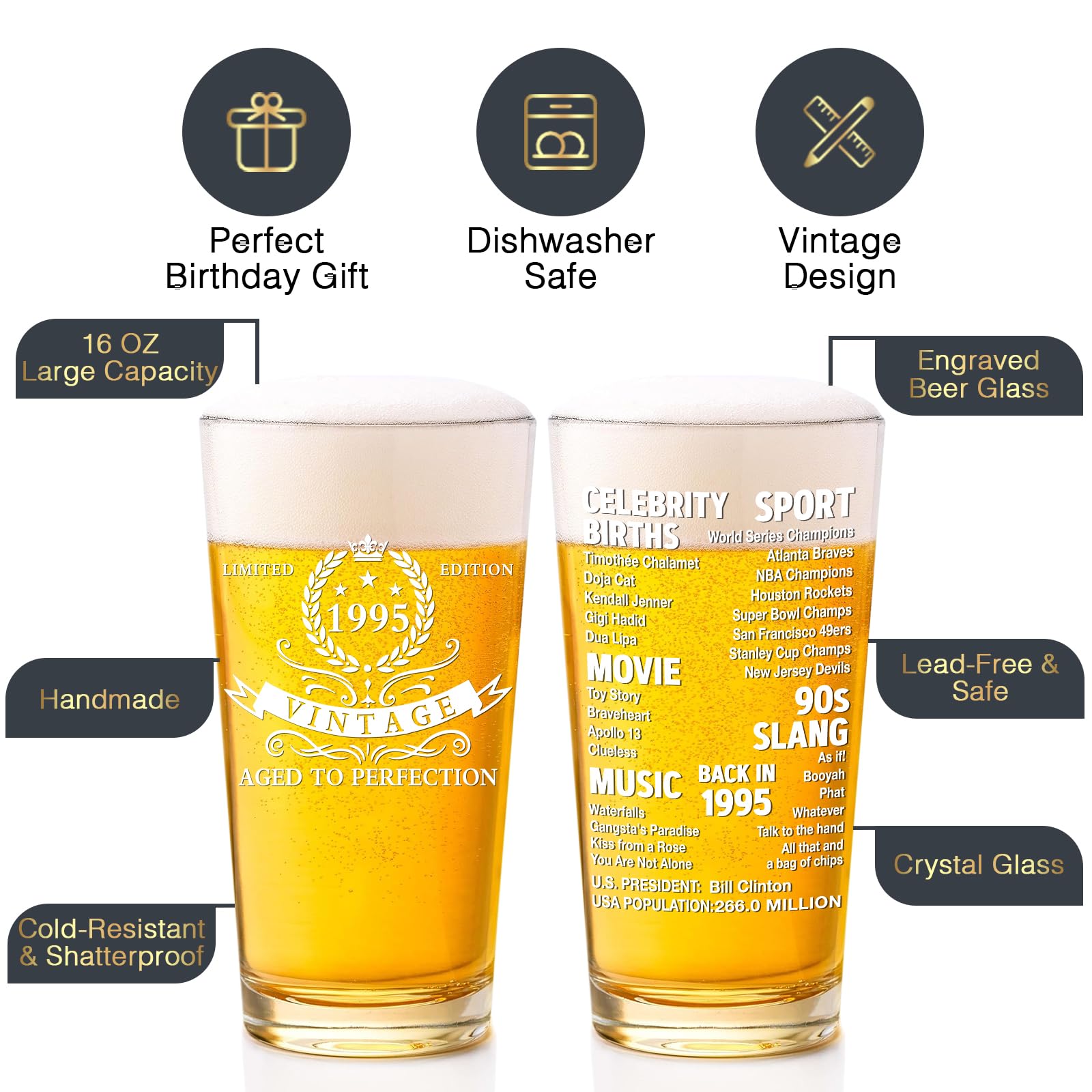 SIPBYSOP 30th Birthday Gifts For Men,Vintage 1995 30th Birthday Beer Glass,16oz With Opener,30th Anniversary For Husband,Beer Birthday Decorations 30,30 Year Old Birthday Gifts For Men Funny