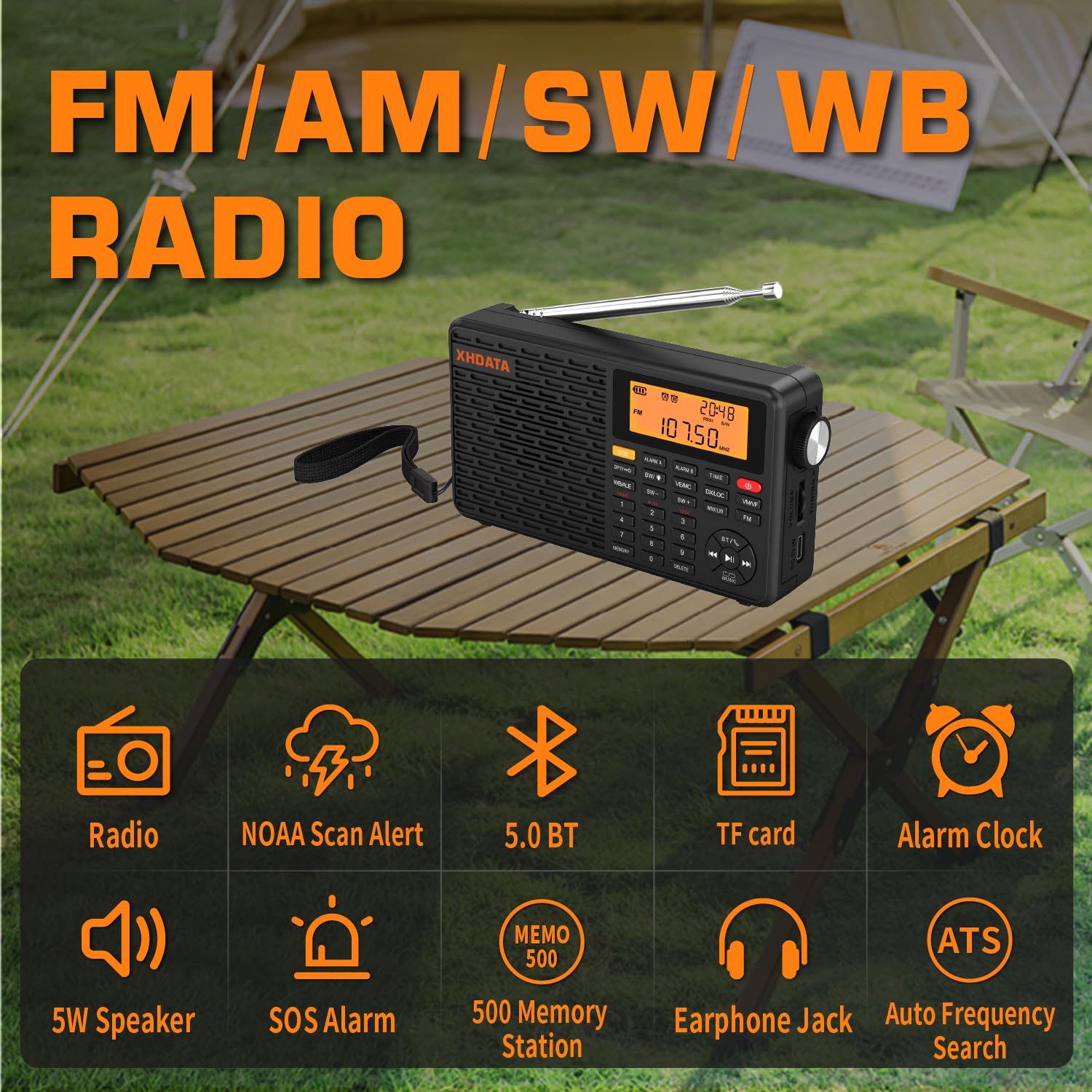 XHDATA D109WB Portable Radio AM/FM/SW/LW/WB Weather Radio Shortwave Radio Receiver with NOAA Alert, Battery Operated Great Sound Wireless BT Mp3 Speaker, SOS Alert Alarm Clock Sleep Function