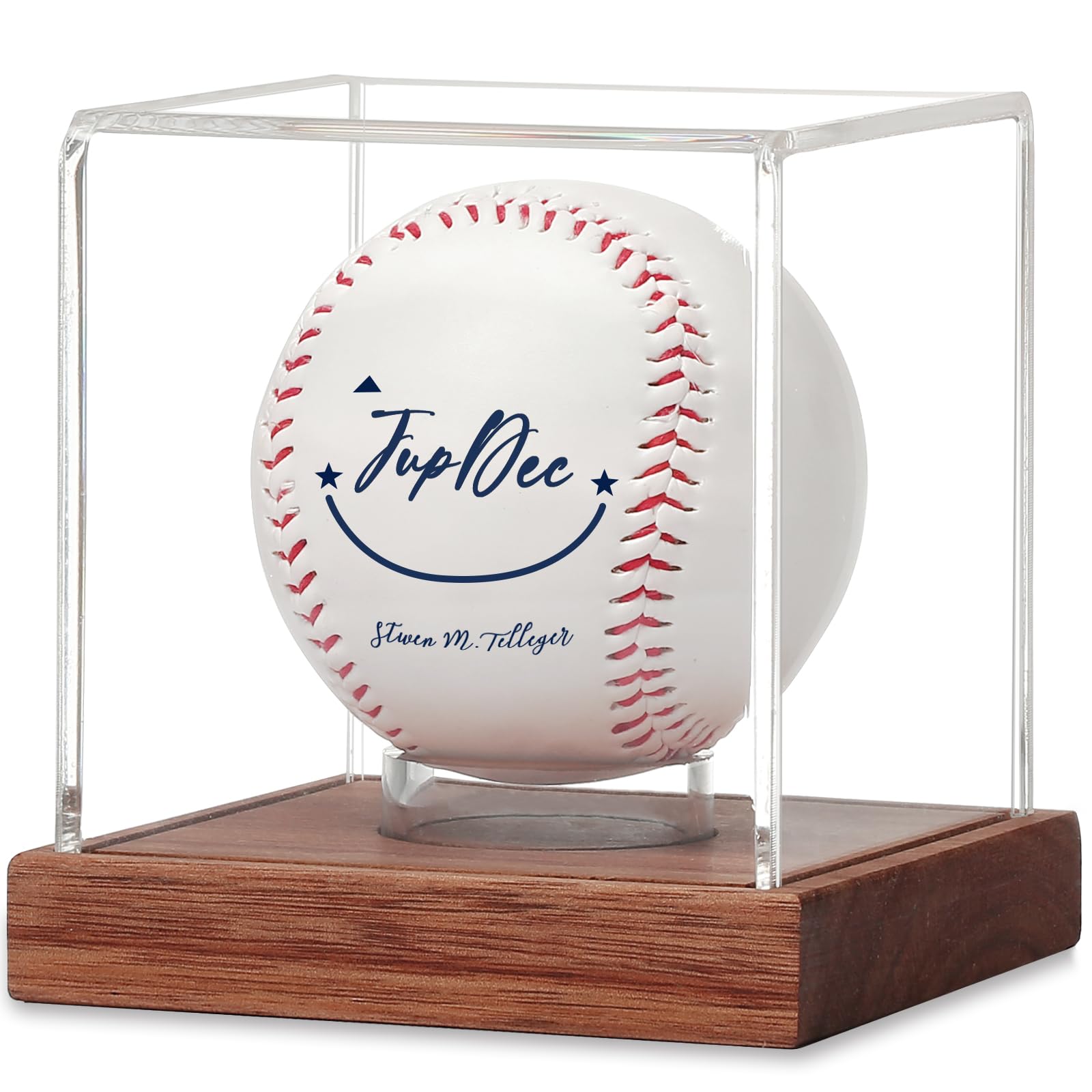 JupDec Baseball Display Case, Clear Cube Baseball Holder with Wooden Base, Autograph Baseball Stand Box for Single Ball, Acacia Wood, Brown, 1 Pack