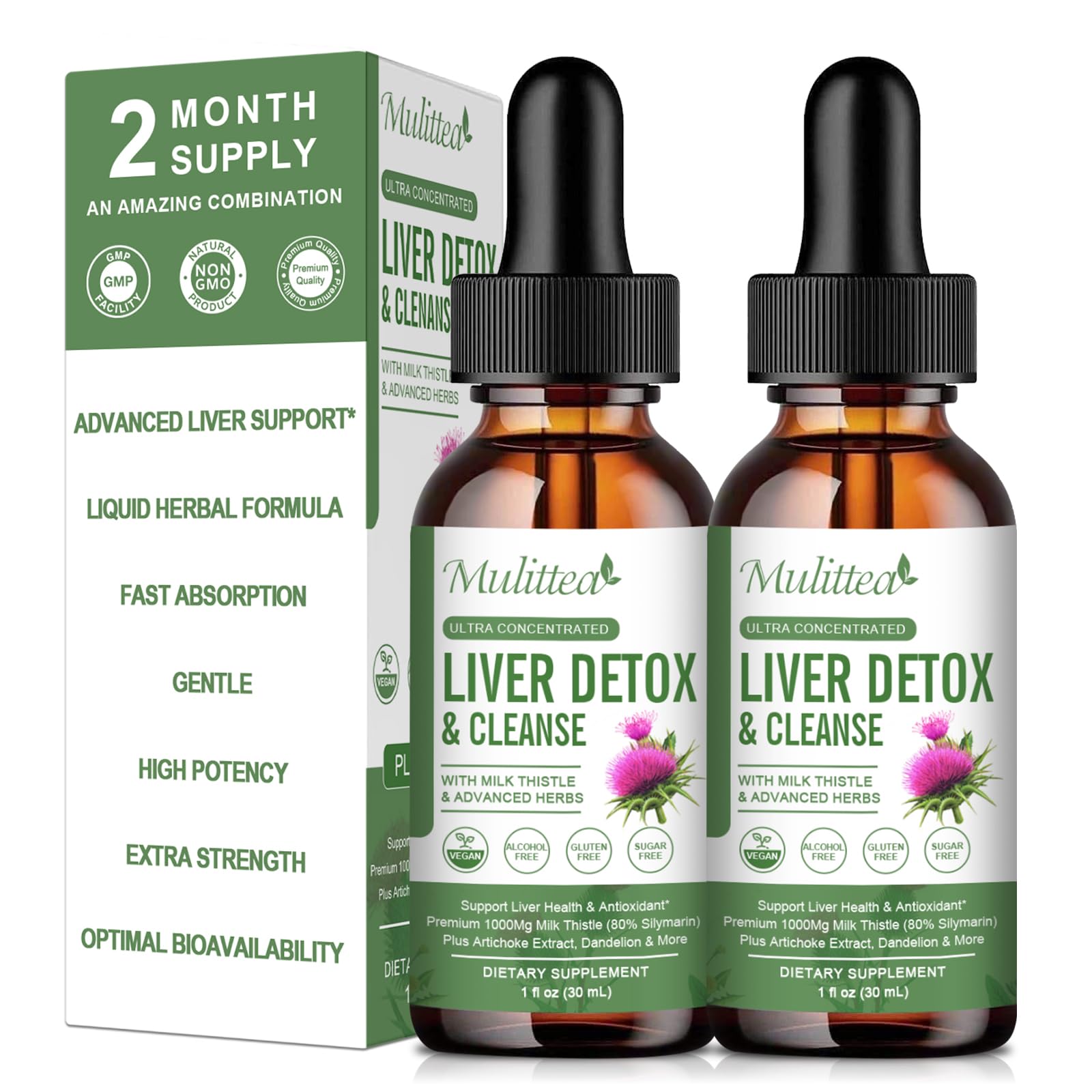 Liver Health Liquid Drops -Support Liver Cleanse Detox & Repair with Artichoke Milk Thistle Silymarin Extract, Dandelion,Turmeric, Berberine to Renew w/21 Potent Herb Nutrients (2 Pack)