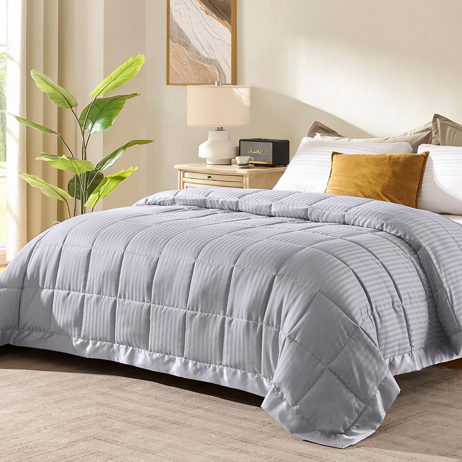 downluxe Queen Size Blanket with Satin Trim, Lightweight Down Alternative Blankets Queen Size for All Season, Machine Washable (Silver, 90x90 Inch)