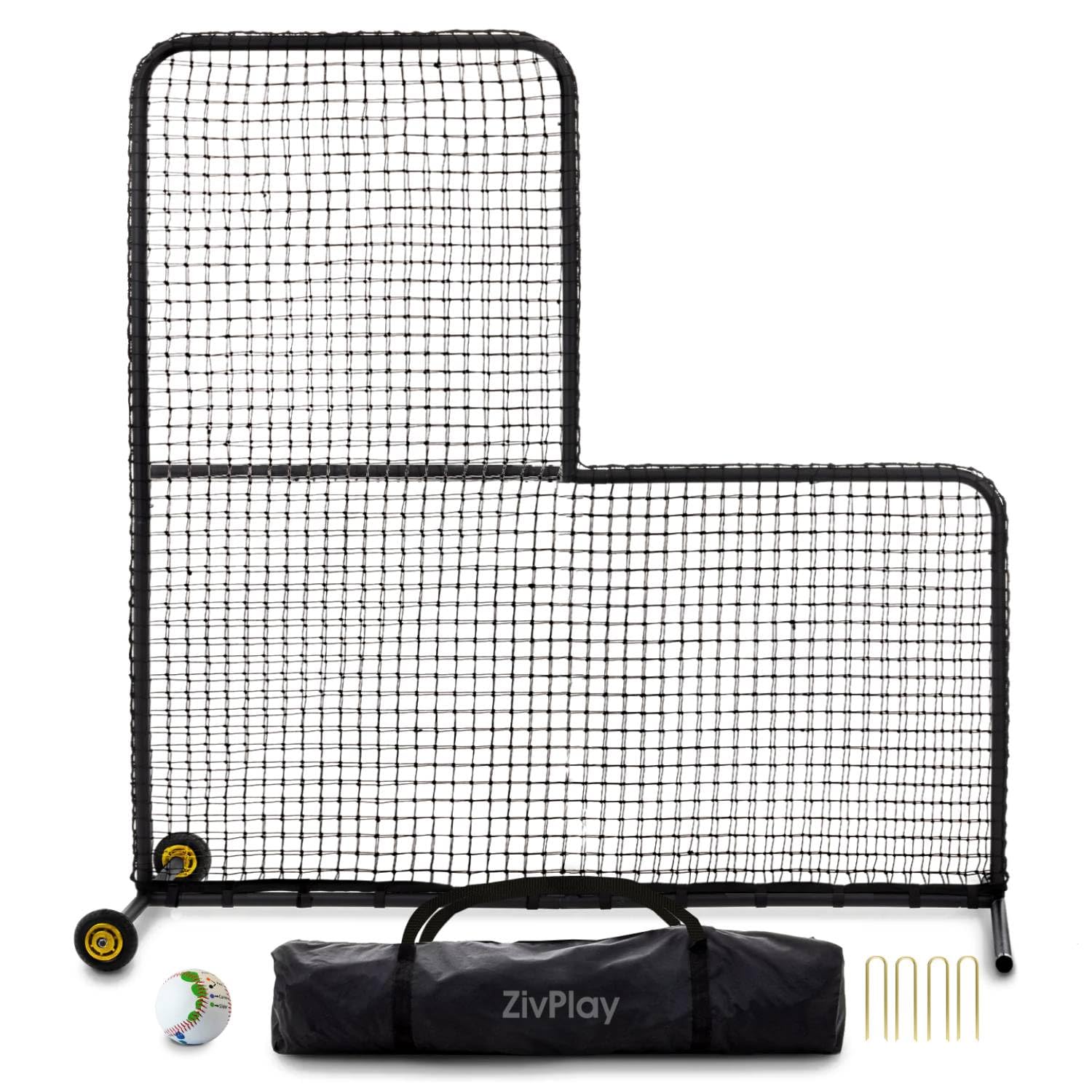 L Screen Baseball for Batting Cage Pitching Screen Portable 7x7 ft Protector Net with Rubber Wheels and Training Ball