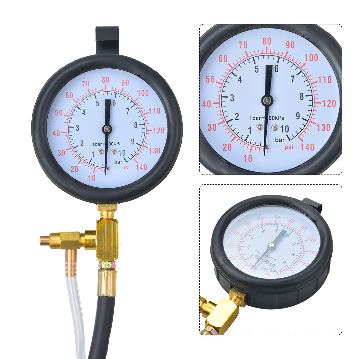 LainKeen Quick Connection Fuel Injection Injector Pressure Tester Gauge Tools Kit 0-140 PSI with 9.49,7.89,6.30 Fuel Line Fittings Suitable for More Engine