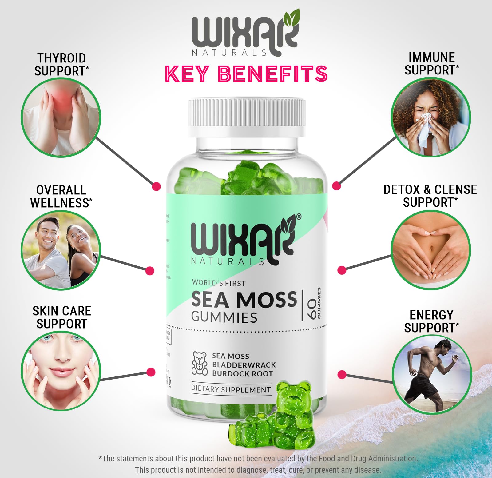 WIXAR NATURALS Sea Moss Gummies - Natural Irish Sea Moss and Bladderwrack with Burdock Gummy - 60 Gummies - Vegan - Healthy Immune, Gut & Overall Wellness Support - Herbal Alkaline Supplements