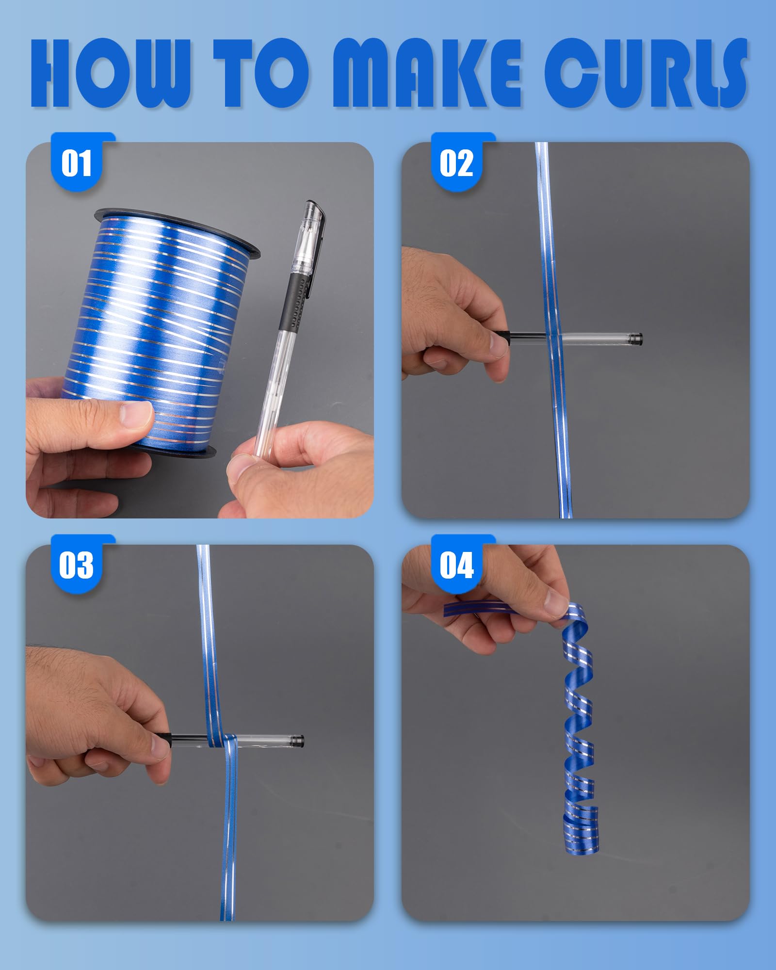 PartyWoo Blue and Silver Curling Ribbon, 219 Yard PVC Plastic Ribbon for Balloons, Gift Wrapping, Crafts, Wedding, Florist Flowers (1 Roll)