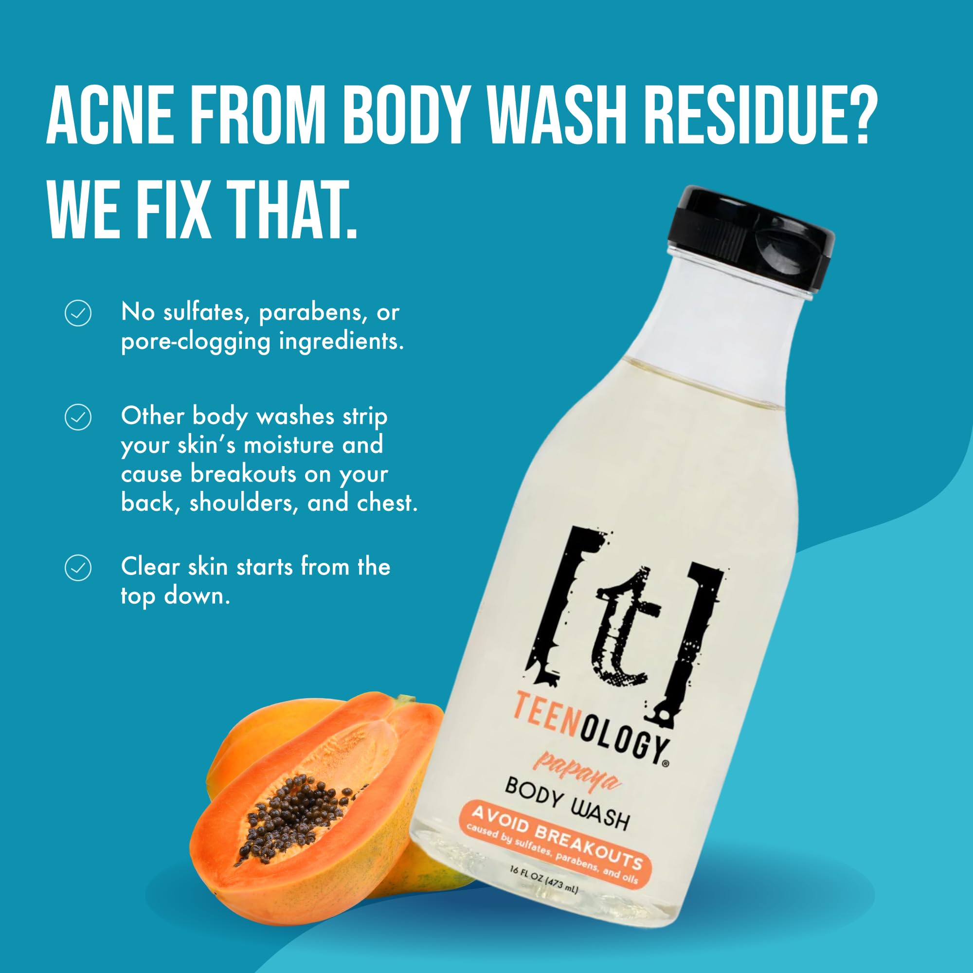 Teenology Body Wash for Teens - Avoid Body Acne and Breakouts - Sulfate and Paraben Free, Natural Botanical Extracts (Fresh Papaya)