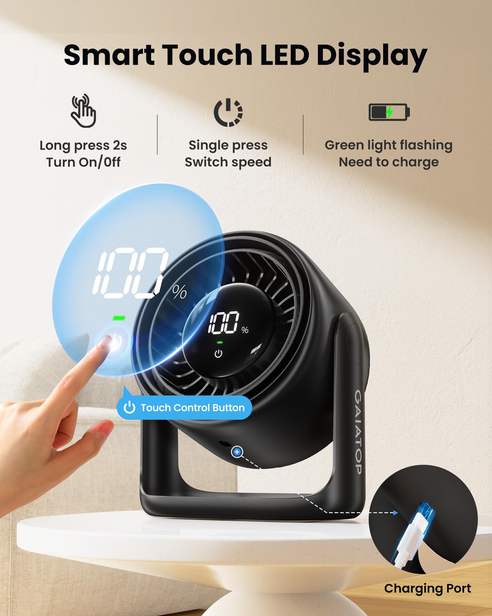 Gaiatop Desk Fan with Touch Control, 4000mAh Battery, 5 Speeds Ultra Quiet Bedroom Fan with LED Display, 90° Tilt, 7.7 Inch USB-C Rechargeable Desktop Fan for Dorm Office Room Home Office, Black