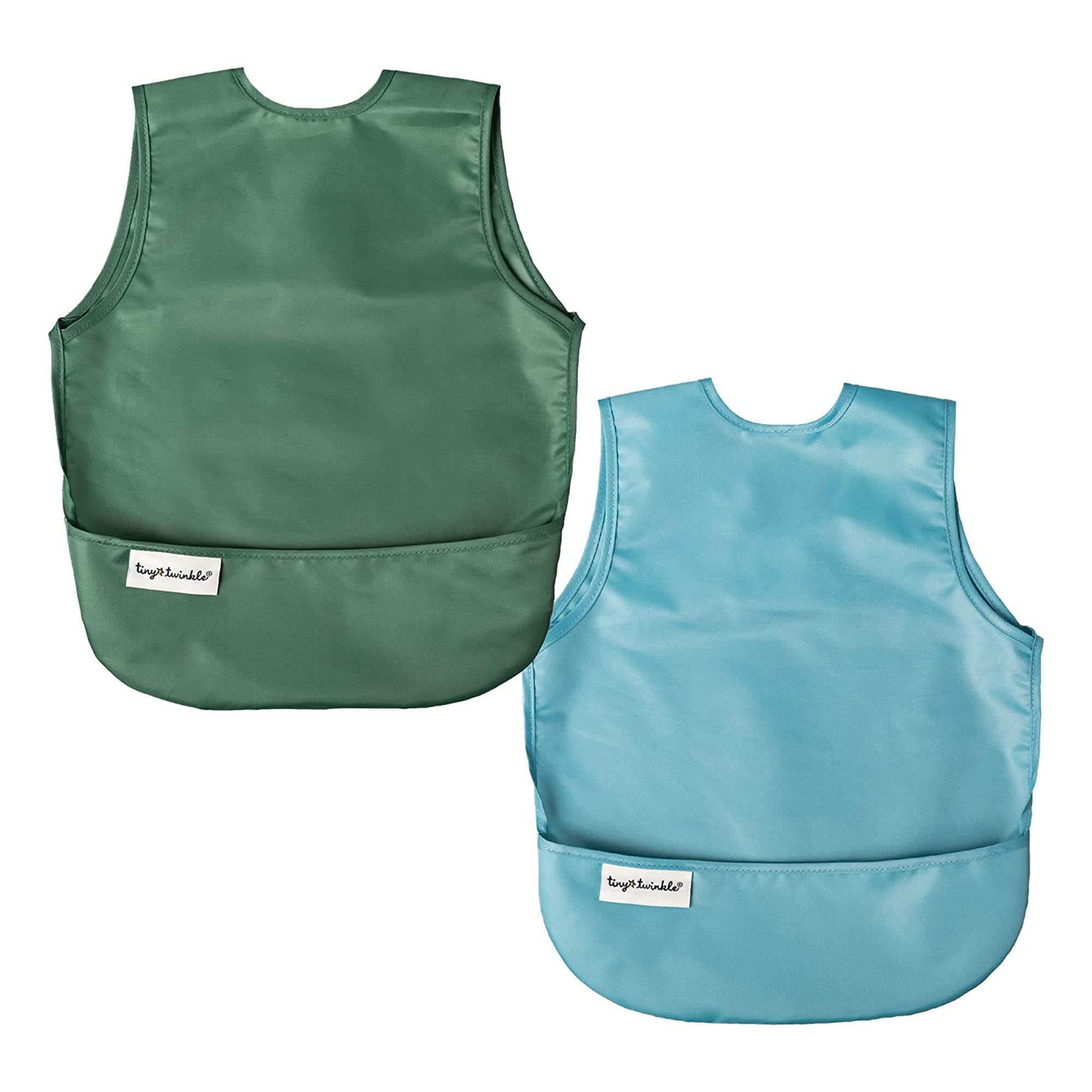 Tiny Twinkle Mess-Proof Apron Toddler Bibs w/Tug-Proof Closure, Baby Food Bibs, 2 Pack (Slate Olive, Small 6-24 Months)