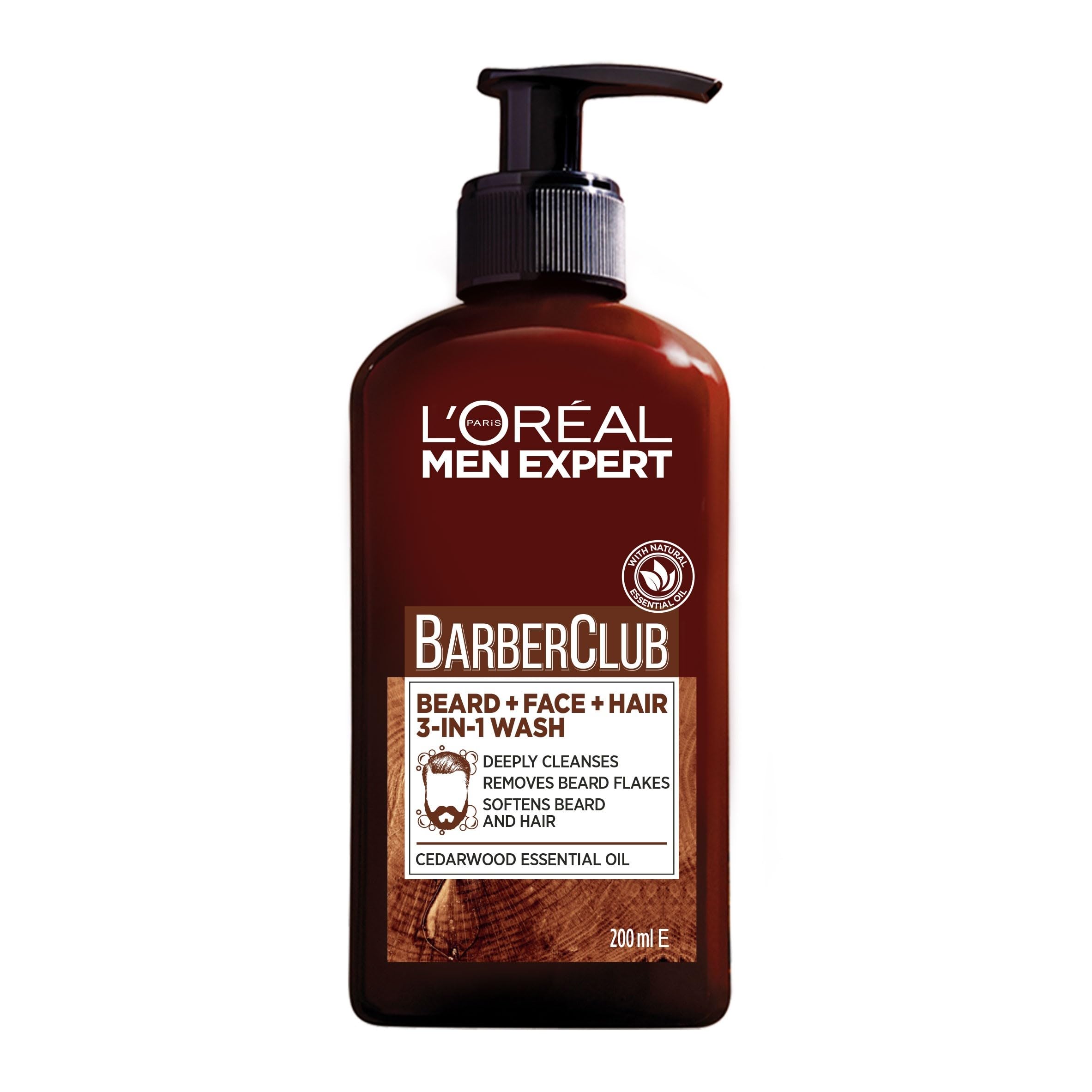 L’Oreal Paris Men Expert Cleansing 3-in-1 Beard, Face & Hair Wash 200ml, Barber Club Wash With Cedarwood Essential Oil, Deeply Cleanses and Removes Beard Flakes