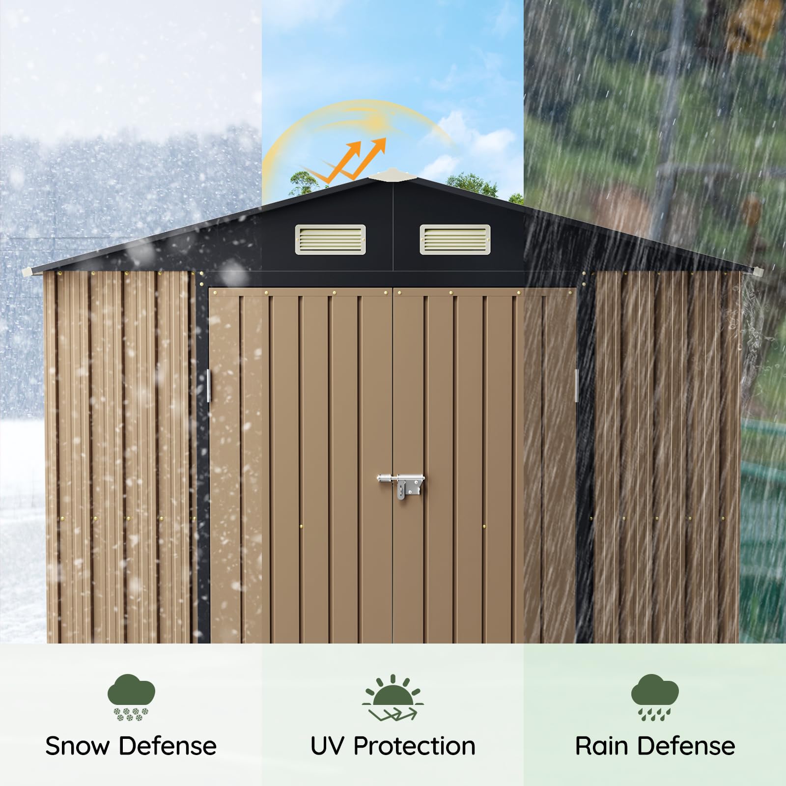 Grovellis 6x8FT Outdoor Metal Storage Shed, Double Door, 1 Clear Window, Tool Shed for Garden, Patio, Backyard Brown