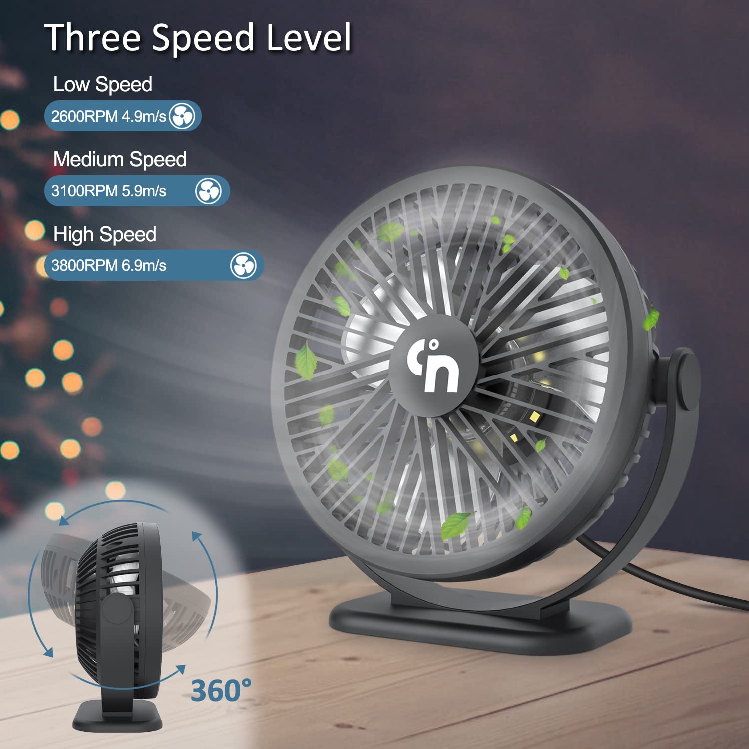 GagetElec USB Desktop Fan with LED Night Lights,360°Rotation Strong Wind Small Fan,3 Speeds Quiet Cooling Table Fan,Mini USB Desk Fan for Home Office Desktop Office Table 5.3 Inch (T5-06)