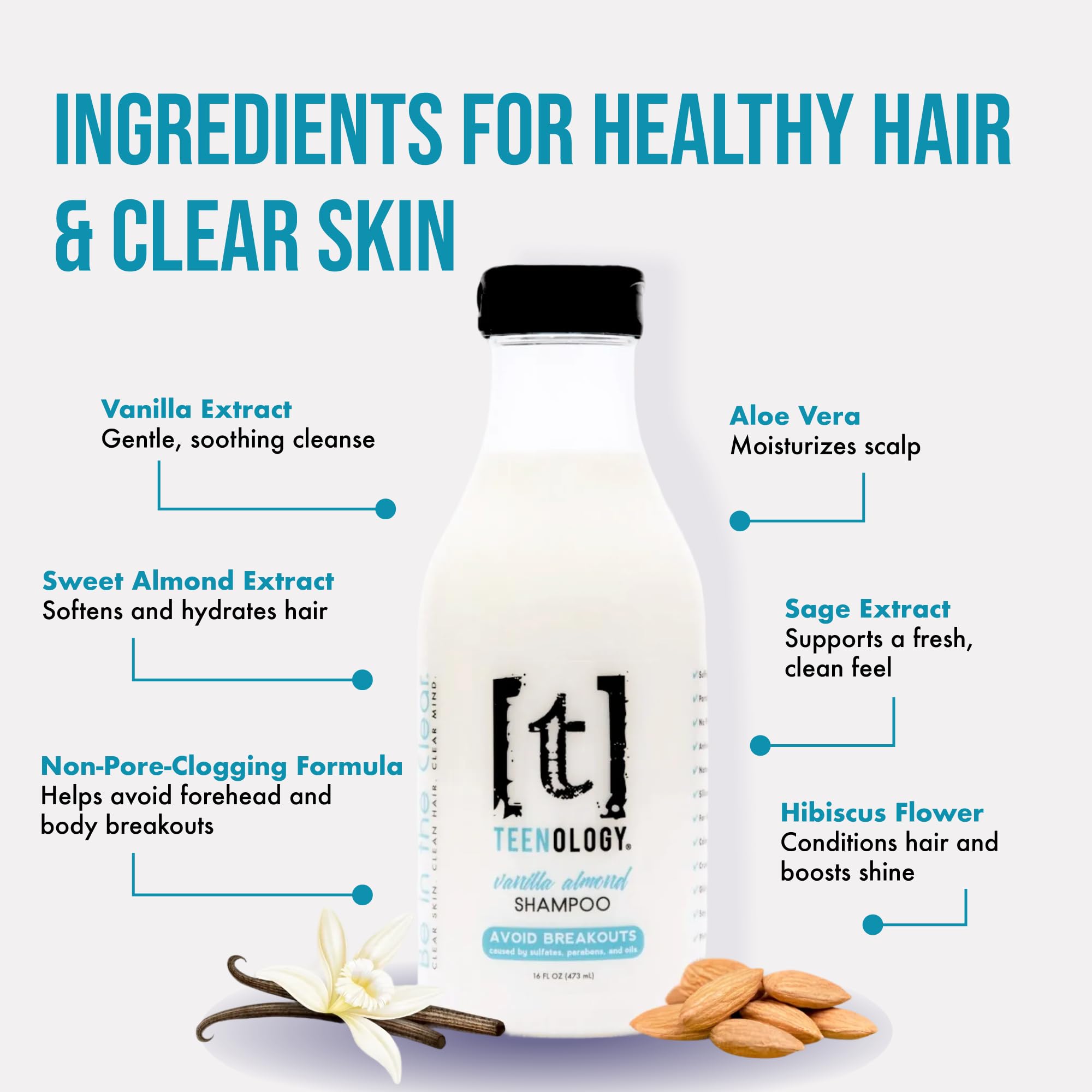 Teenology Shampoo for Teens, For Clear Skin and Healthy Hair, Natural Botanical Extracts, 16 oz. (Vanilla Almond)