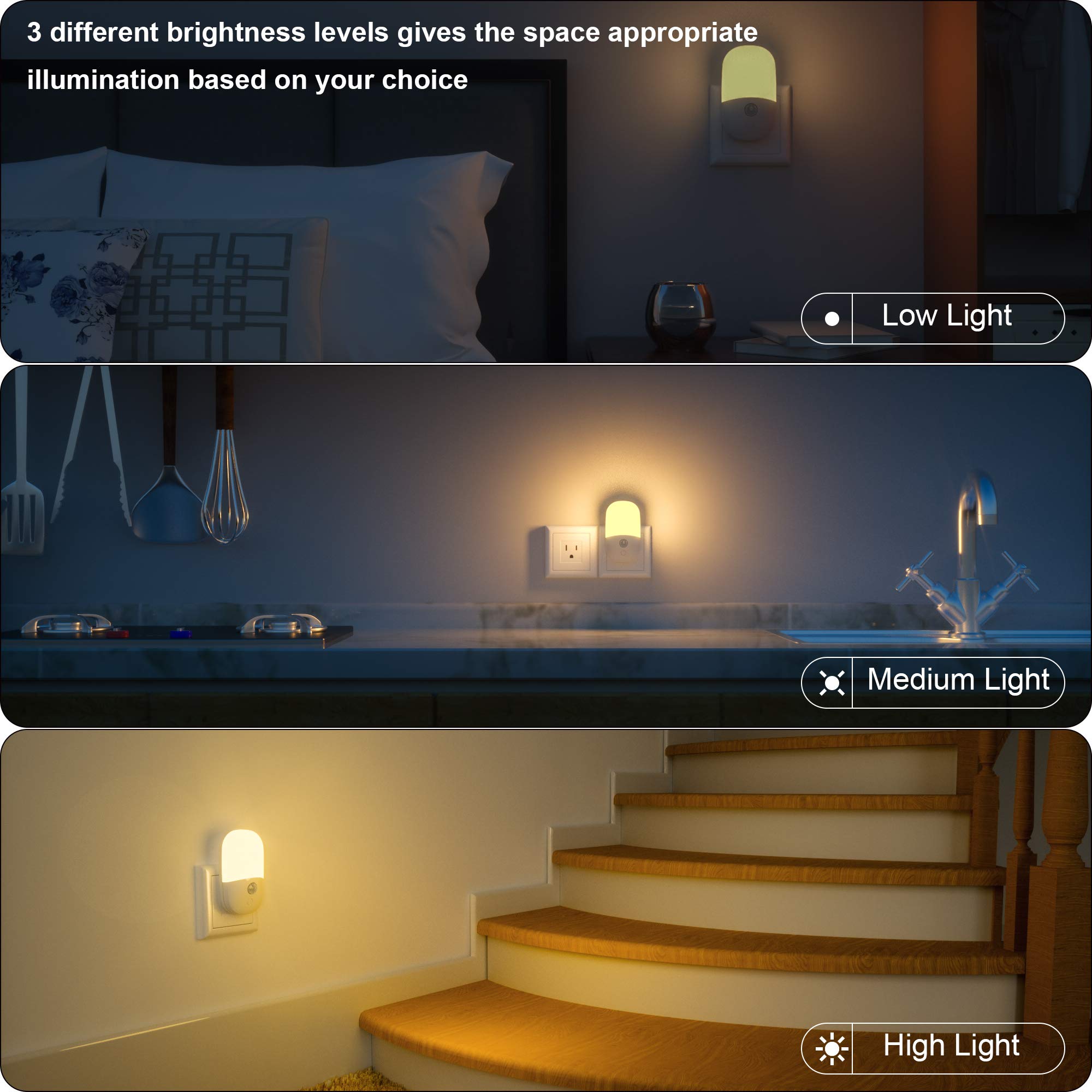 MAZ-TEK Plug in Motion Sensor Dimmable Night Light, Soft Warm White LED Nightlight with Dusk to Dawn Motion Sensor, Adjustable Brightness for Bedroom, Bathroom, Kitchen, Hallway, Stairs,4 Pack