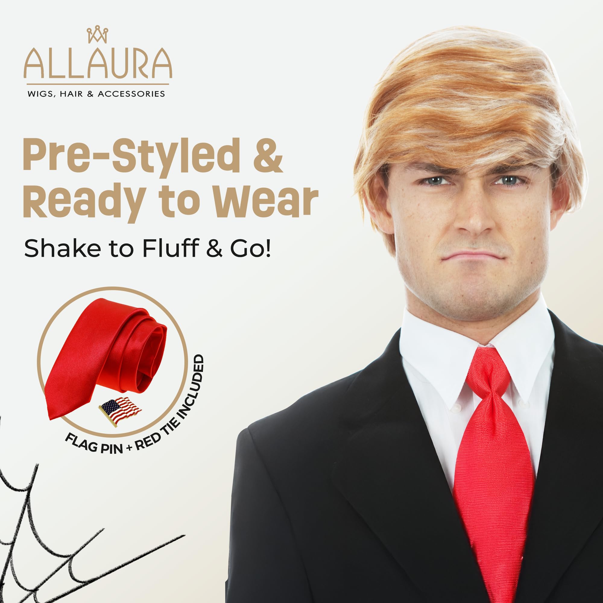 ALLAURA 3pc Donald Wig + Flag Pin + Red Tie | Donald Costume For Adults | Toupee Blonde Donald Wig Couples Halloween Costumes Compatible with Donald Hair Wig