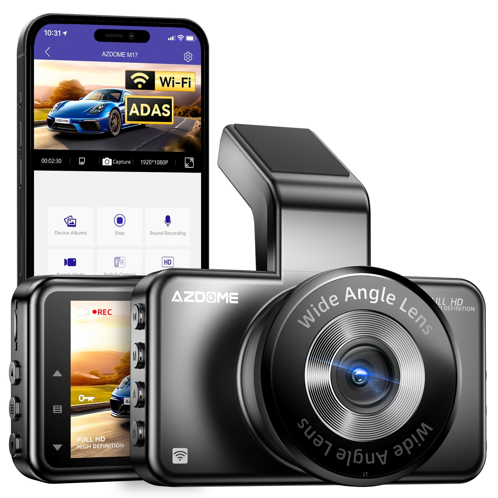 AZDOME M17 WiFi Dash Cam, FHD 1080P Car Driving Recorder, 3" Screen Dashboard Camera 150° Wide Angle, Smart Dash Camera with Driving Assistant ADAS, G-Sensor Loop Recording Night Vision Parking Mode