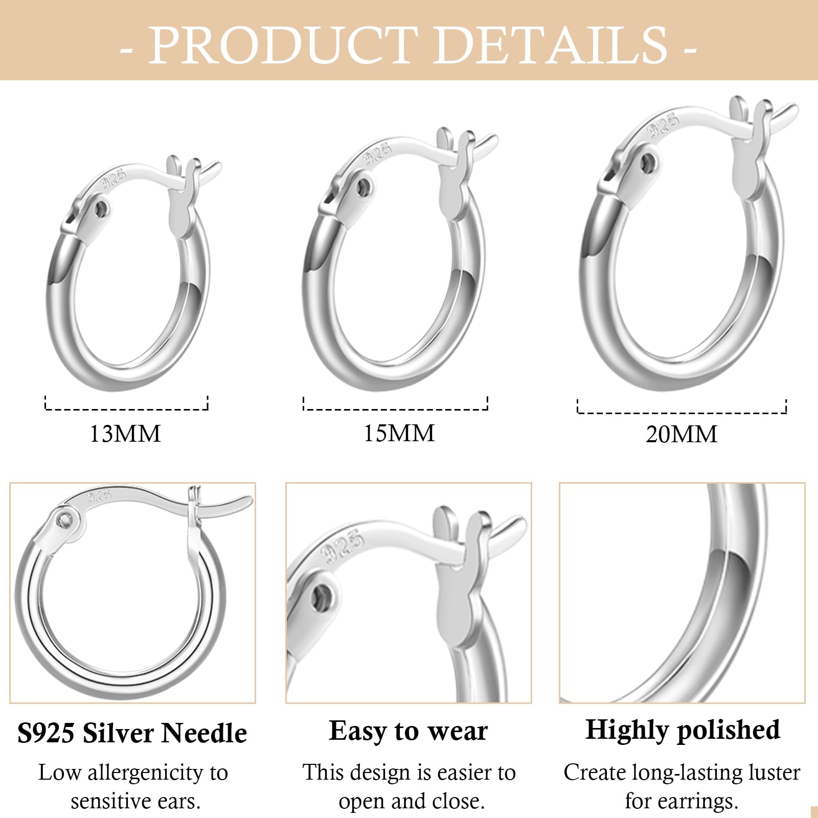 3 Pairs 925 Sterling Silver Hoop Earrings | Small White Gold Plated Hoop Earrings for Women Girls (13mm, 15mm, 20mm)