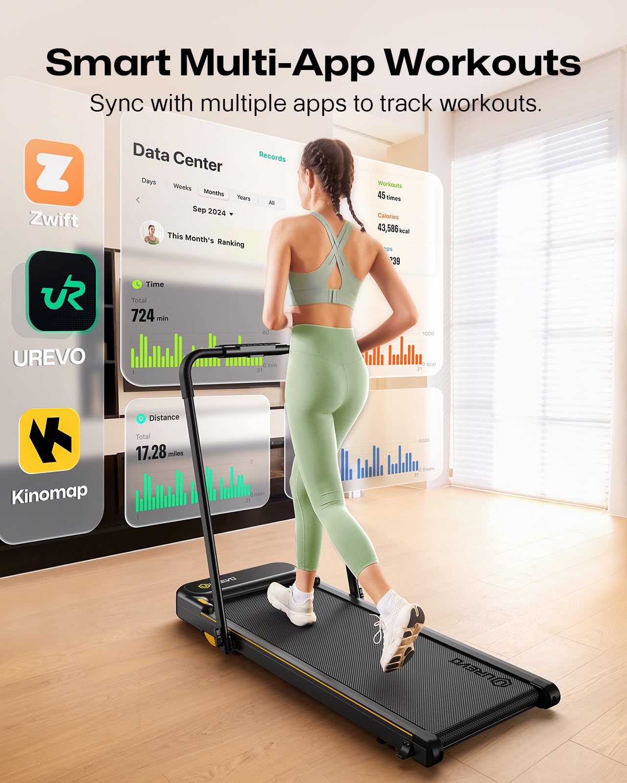 UREVO Strol 2E Smart 2-in-1 Folding Treadmill, Compact Walking Pad with Safety Handle, Plug and Play, Dual LED Display, Workout APP, Walking or Running for Home Office, Remote Included, Flaxen