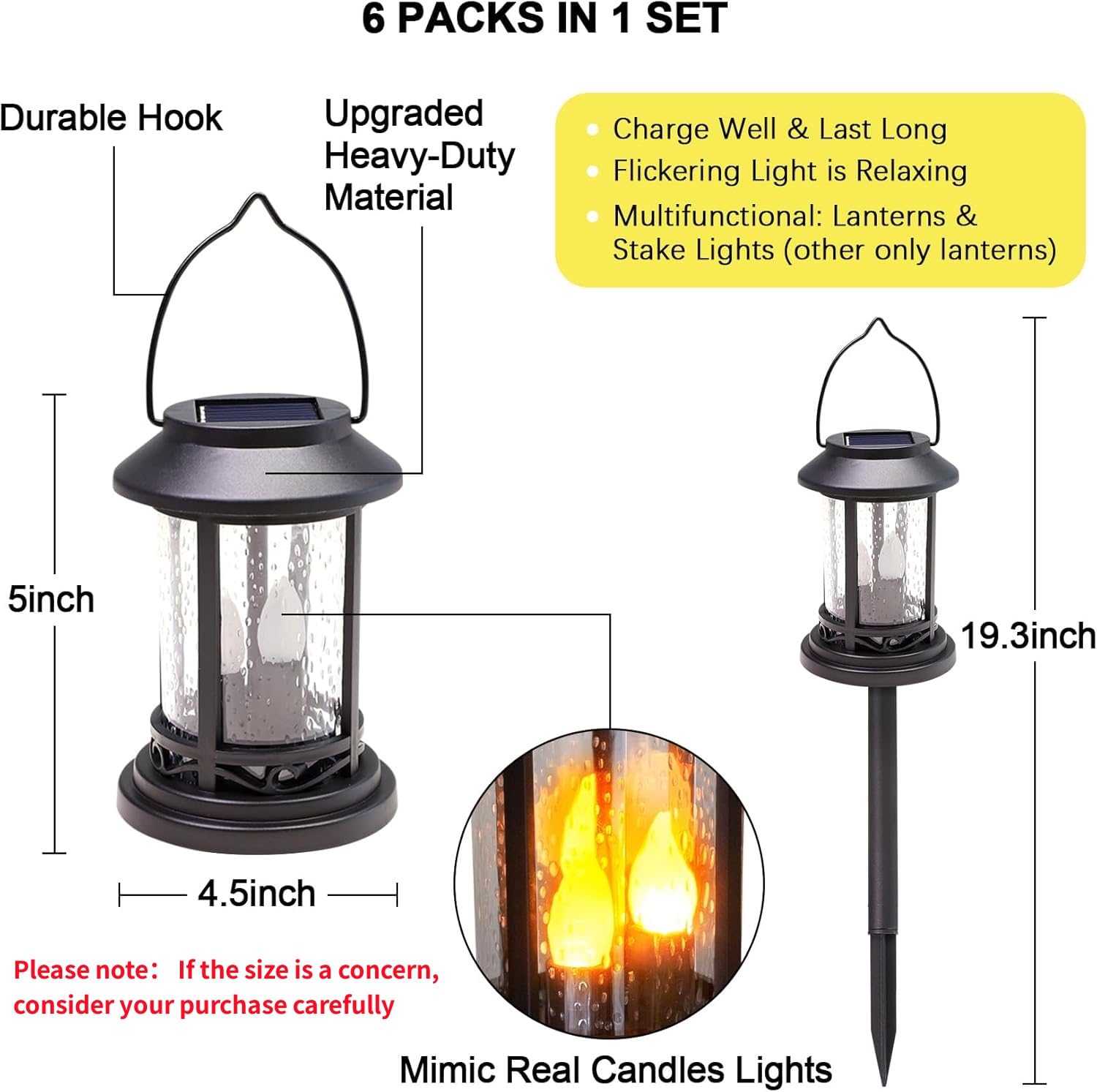 Beautyard Outdoor Solar Candles Lights Flickering Decorative Lantern Stake Lighting for Garden, Backyard, Lawn, Pathway, Patio Accessories and Decor ( 6 Pack , Black )…