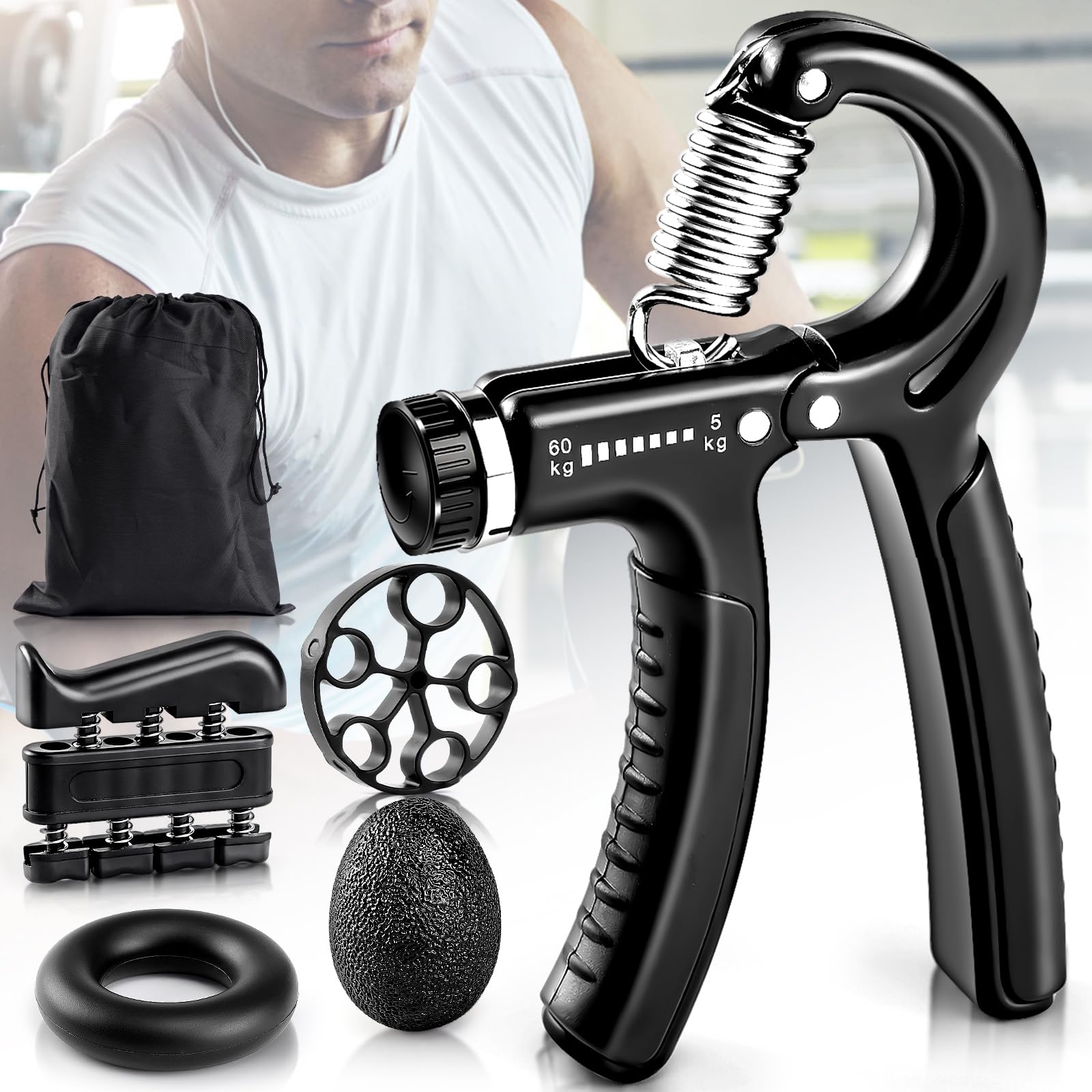 BLEUM CADE Grip Strength Trainer, 5 Pack Hand Strengthening Devices Kit with Adjustable Resistance Levels, Forearm Strengthener for Home Gym, Physical Therapy, Home Workout, Black
