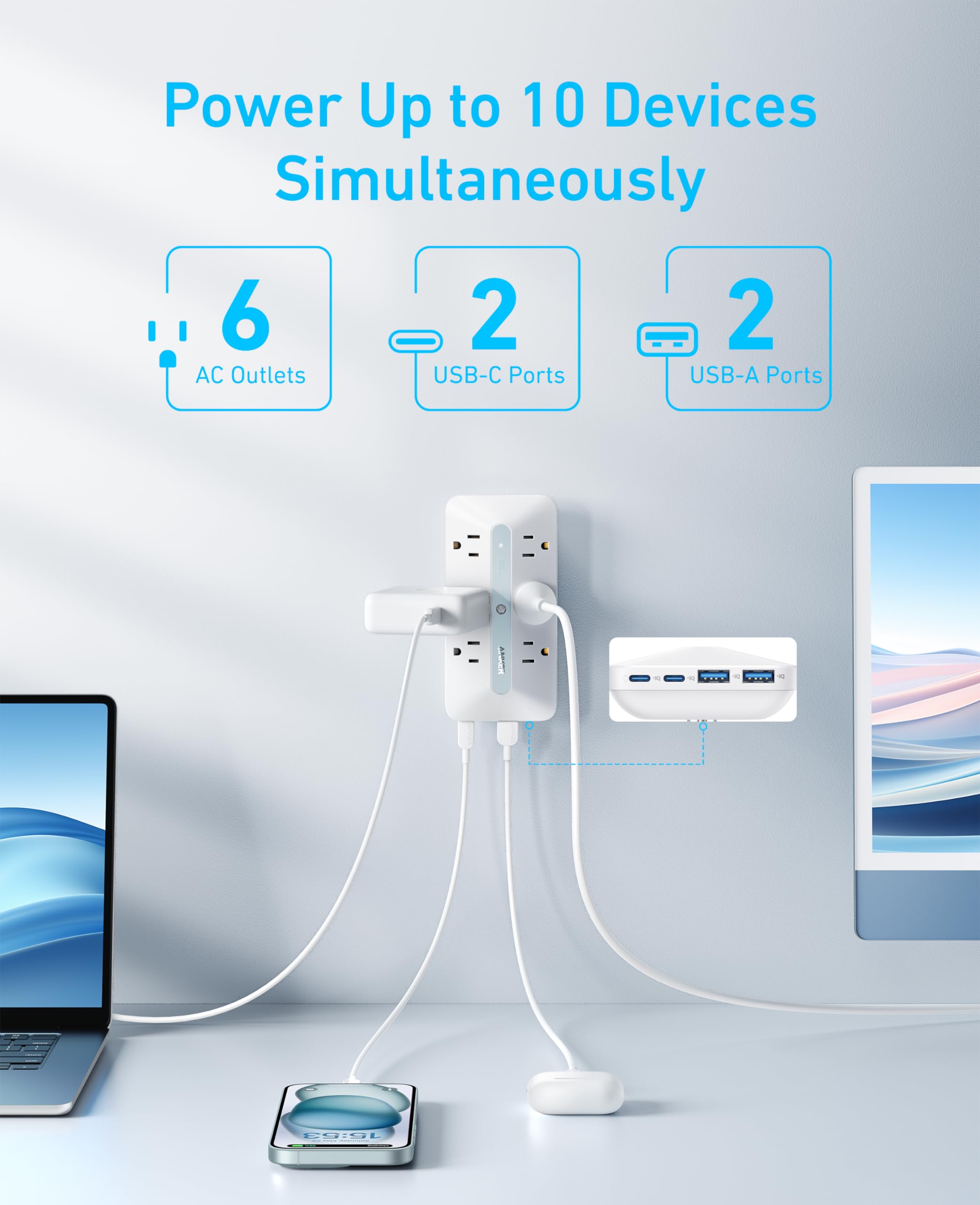 Anker Wall Charger, 300J Surge Protector, 10-in-1 Outlet Extender, 6 AC, 2 USB A, 2 USB C Ports, Wide-Spaced Outlets and 20W Fast Charging, Desk Charging Station, Home Office, Dorm, Room Essential, White