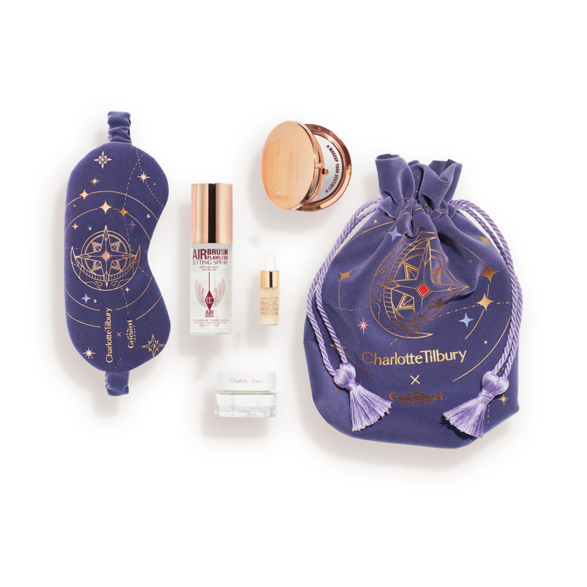 Charlotte Tilbury x Genshin Impact Mini Skin Care Set - Travel Size Skincare Kit with Magic Water Cream, Crystal Elixir, Setting Spray, Compact Mirror & Genshin Accessories - Pouch Included (6 Count)