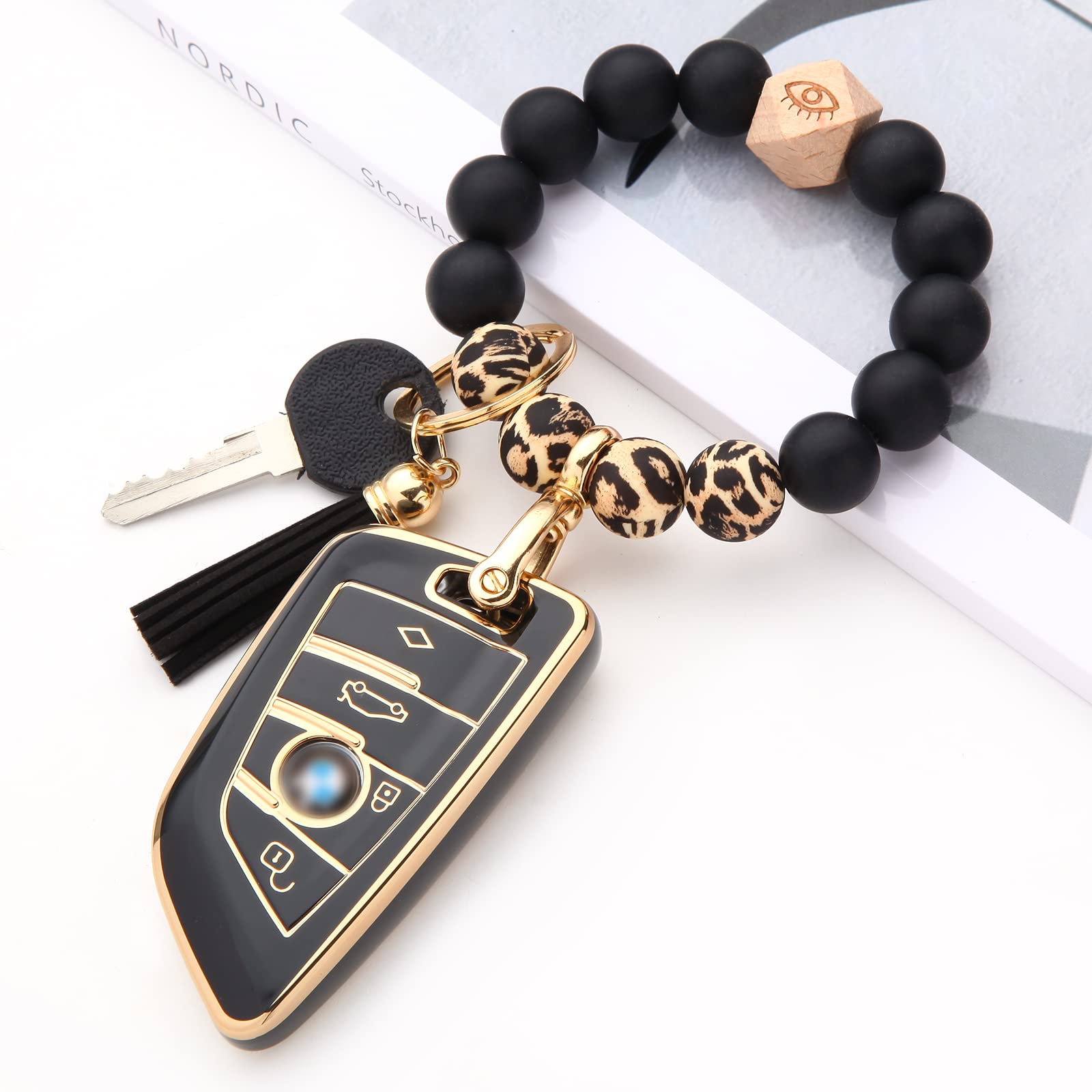 QfungYe Compatible For BMW 2 3 5 6 7 X1 X2 X3 X4 X5 X6 Series Wristlet Key Fob Cover,Anti-Fingerprint Special TPU Key Case,For Women Accessories(Black)