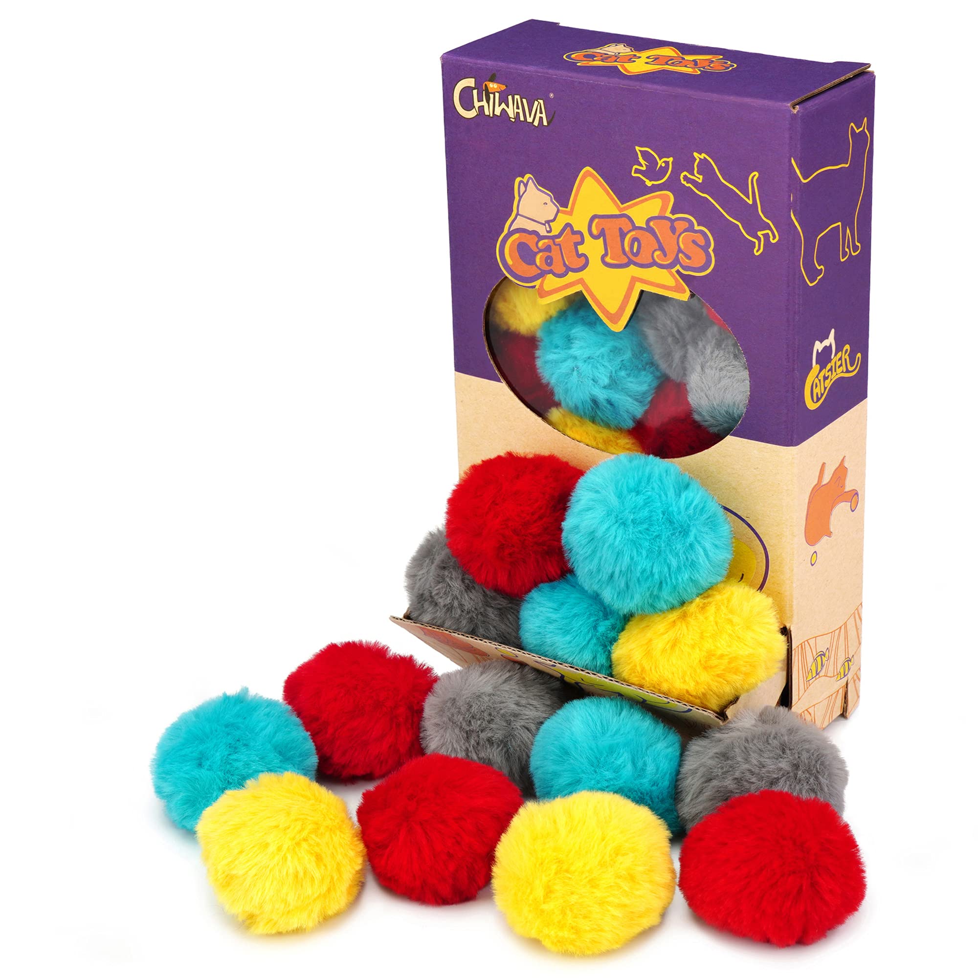 CHIWAVA 24PCS 1.8" Catnip Furry Cat Toys Ball Soft Pom Pom Balls Kitten Chasing Quiet Play Assorted Color