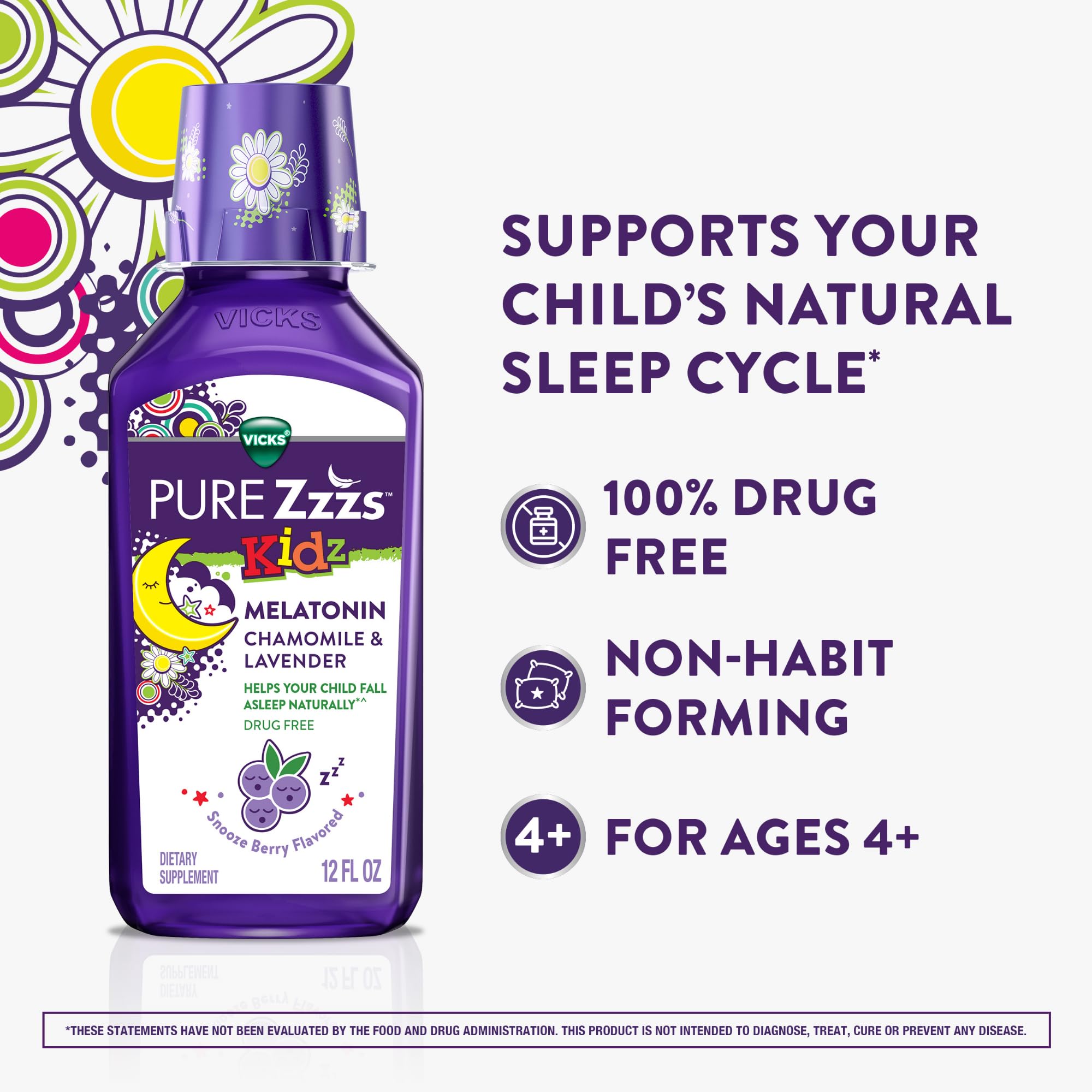 Vicks Pure Zzzs Kidz Melatonin, Kids Melatonin Liquid, Sleep Aid, Drug-Free, Liquid Melatonin 1mg, with Chamomile & Lavender, Melatonin Sleep Aids for Kids, Snooze Berry Flavored, 2 Pack, 24 FL OZ