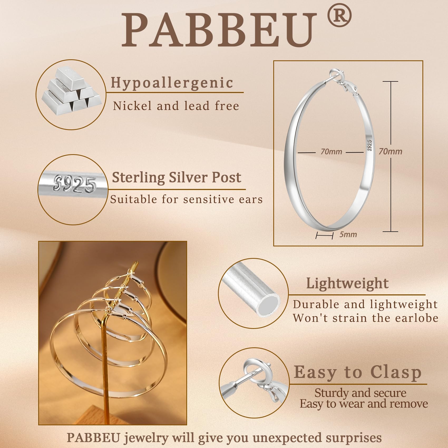 PABBEU Sterling Silver Hoop Earrings for Women S925 Silver Hoop Earrings Large Silver Hoop Earrings Hypoallergenic Thin Oversize Big Silver Hoop Earrings Sterling Silver Earrings for Girls
