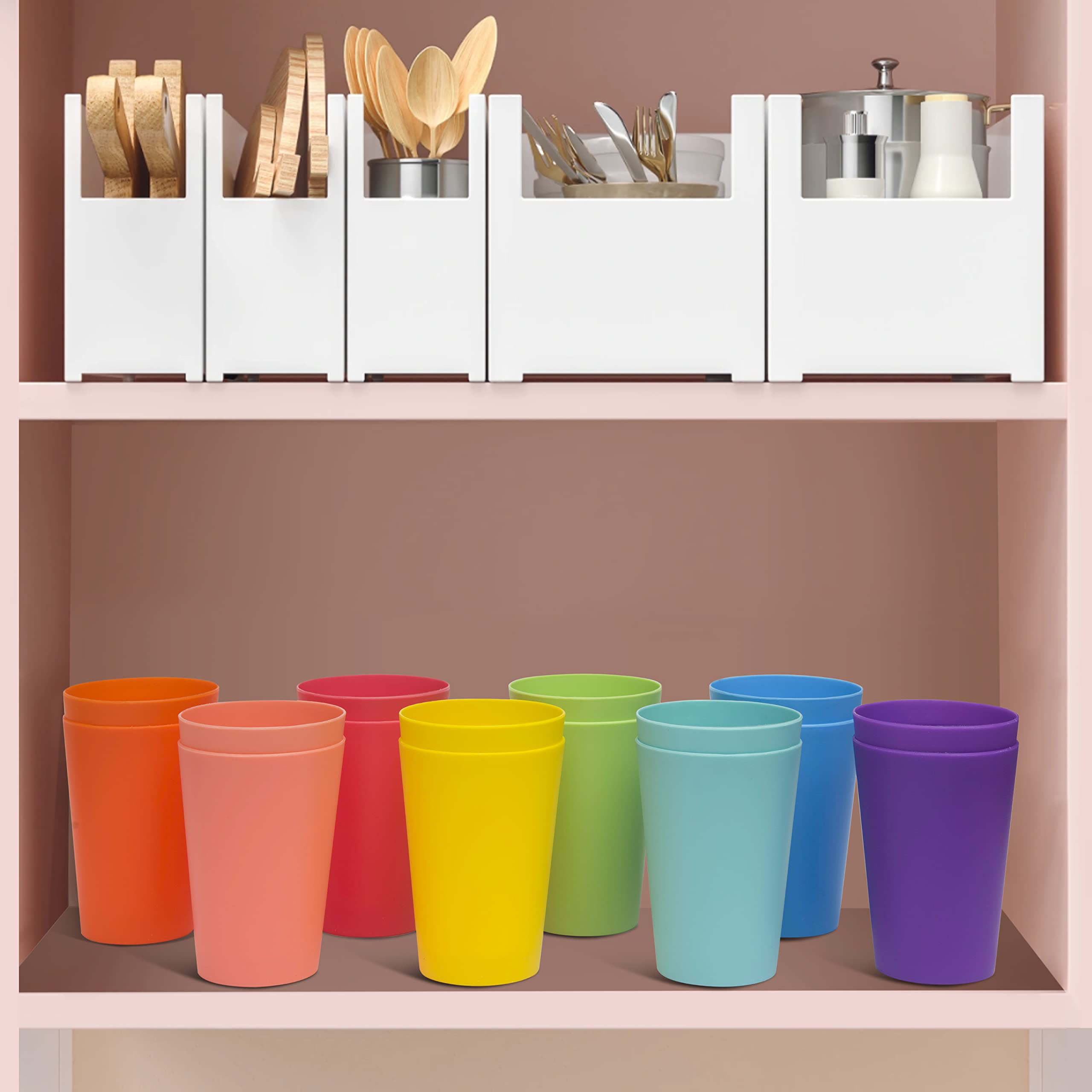 Klickpick Home - Set of 16 Kids Plastic Cups - 12 Ounce Children Drinking Cups Tumblers Reusable - Dishwasher Safe - BPA-Free Cups for Kids & Toddlers Bright Colored Unbreakable Kids And Toddler Cups