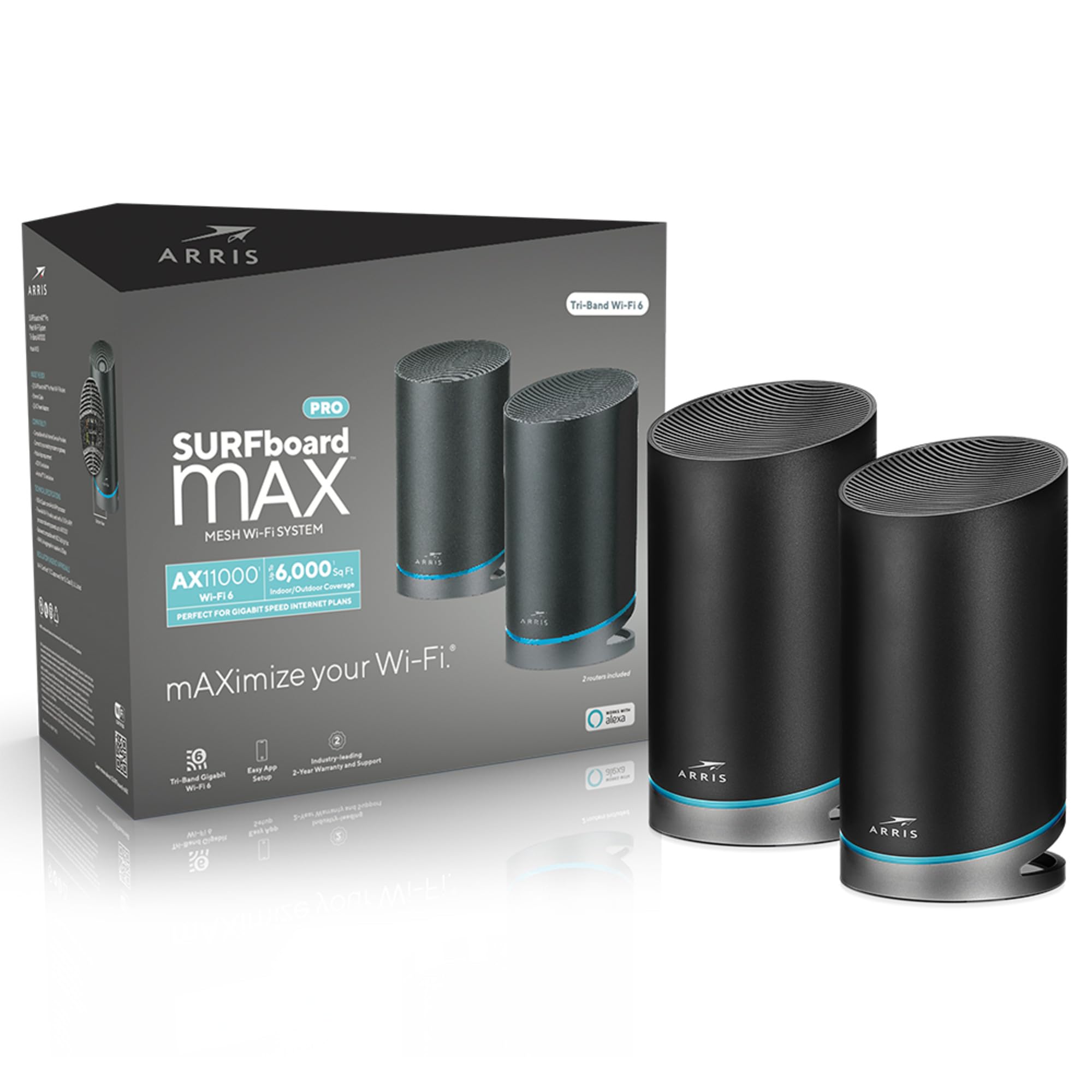 ARRIS SURFboard mAX Pro W133 Tri-Band Mesh Wi-Fi 6 System , AX11000 Wi-Fi Speed up to 11 Gbps , Coverage 6,000 sq ft , 4.8 Gbps Backhaul , Four 1 Gbps Ports per Node , Alexa Support