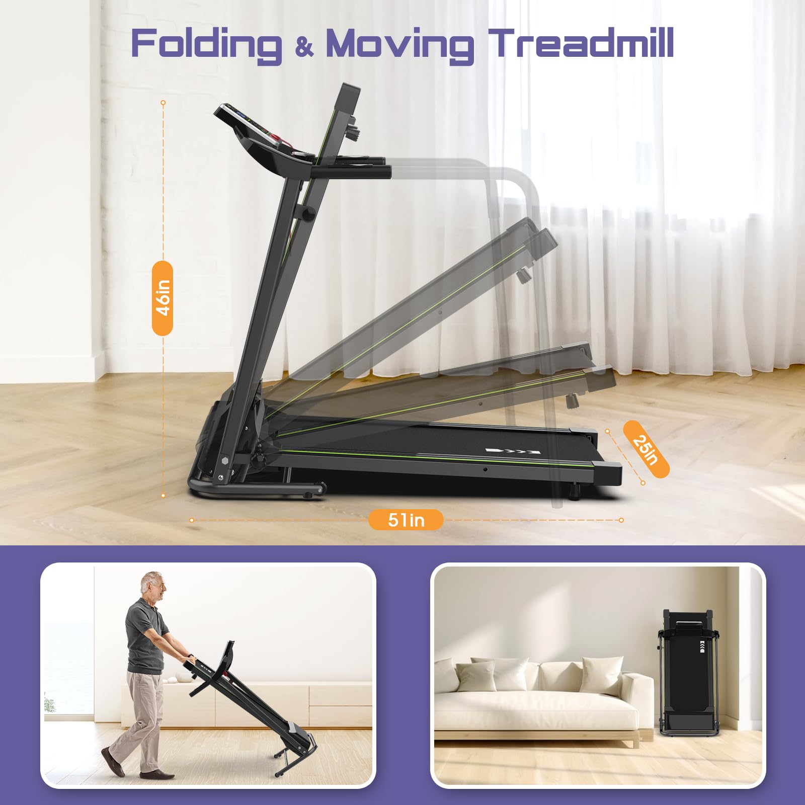 Rellysport Walking Treadmill for Seniors with Handrails - Recovery Fitness Exercise Machine for 300lbs Capacity, Foldable Treadmills for Home with Heart Rate Monitoring, Holder for Phone & Cup