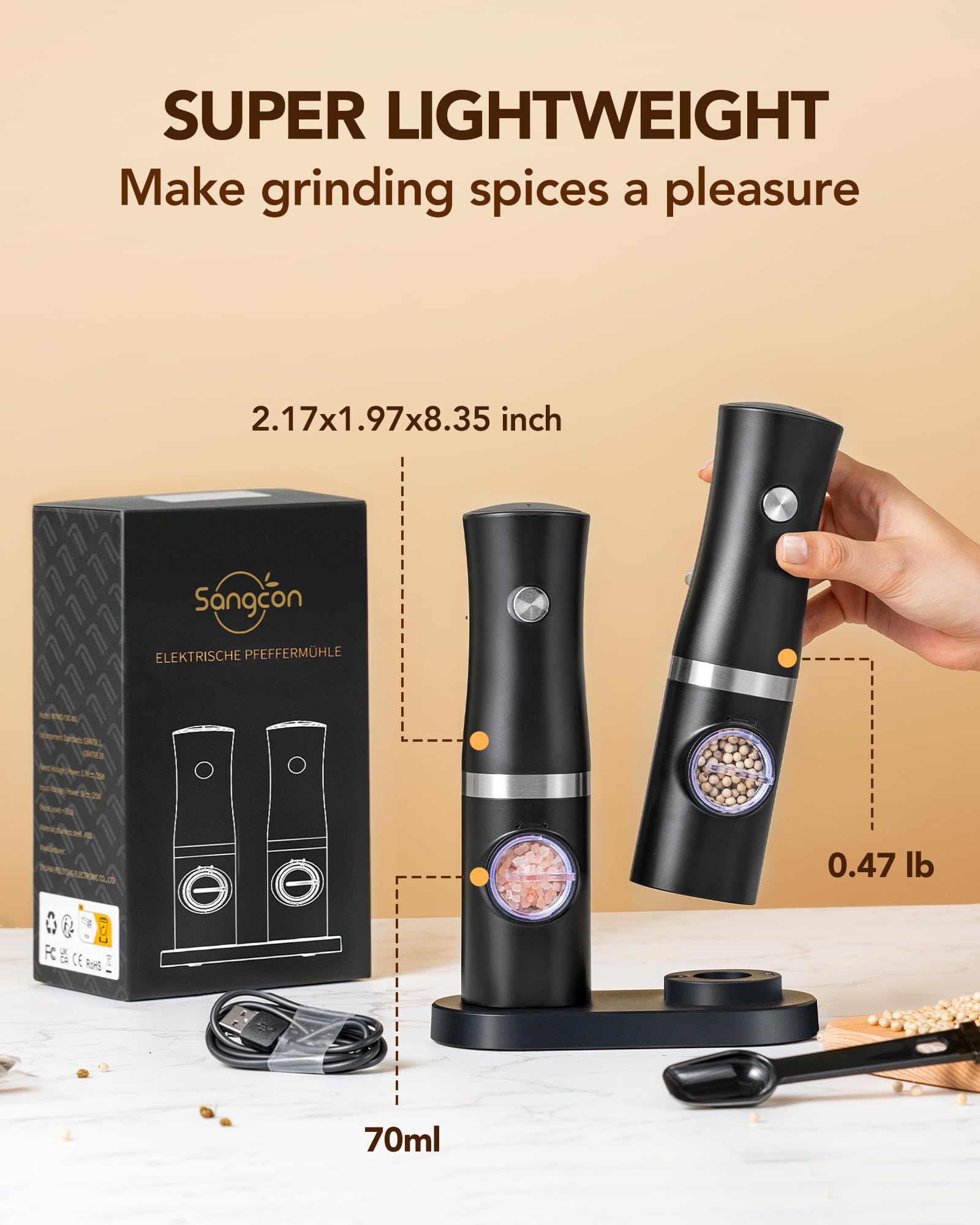 Sangcon Electric Salt and Pepper Grinder Set of 2, Automatic Salt Pepper Grinder Mill with Rechargeable Base LED light, Adjustable Coarseness,One-handed Operation, Refillable Spice Mill Shakers