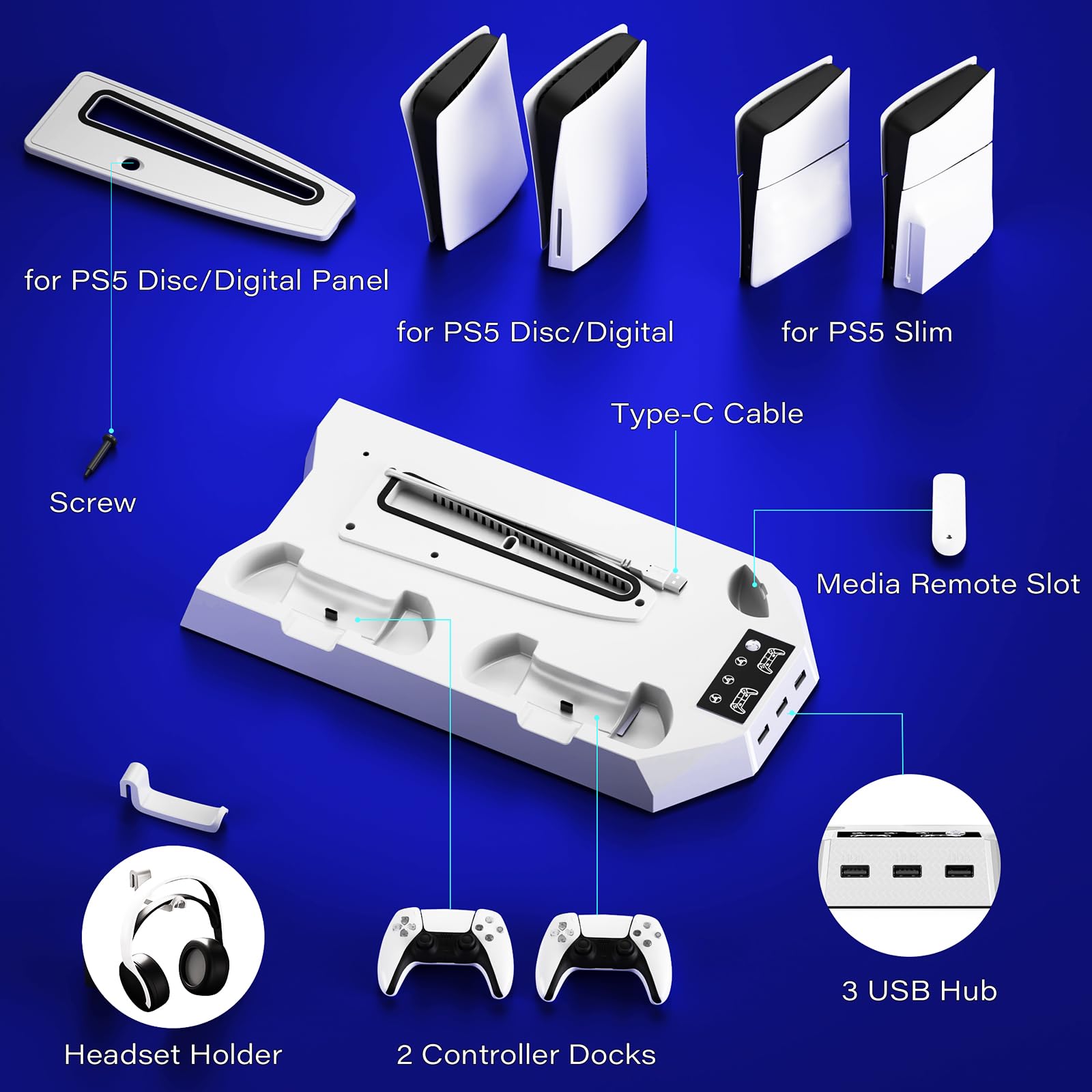 Cooling Stand Compatible with PS5, Cooling Station for PS5 & PS5 Slim Console Disc/Digital Edition, Charging Station with Dual Controller Charger, 3 Levels Cooling Fan, 3 USB Hubs & Headset Holder