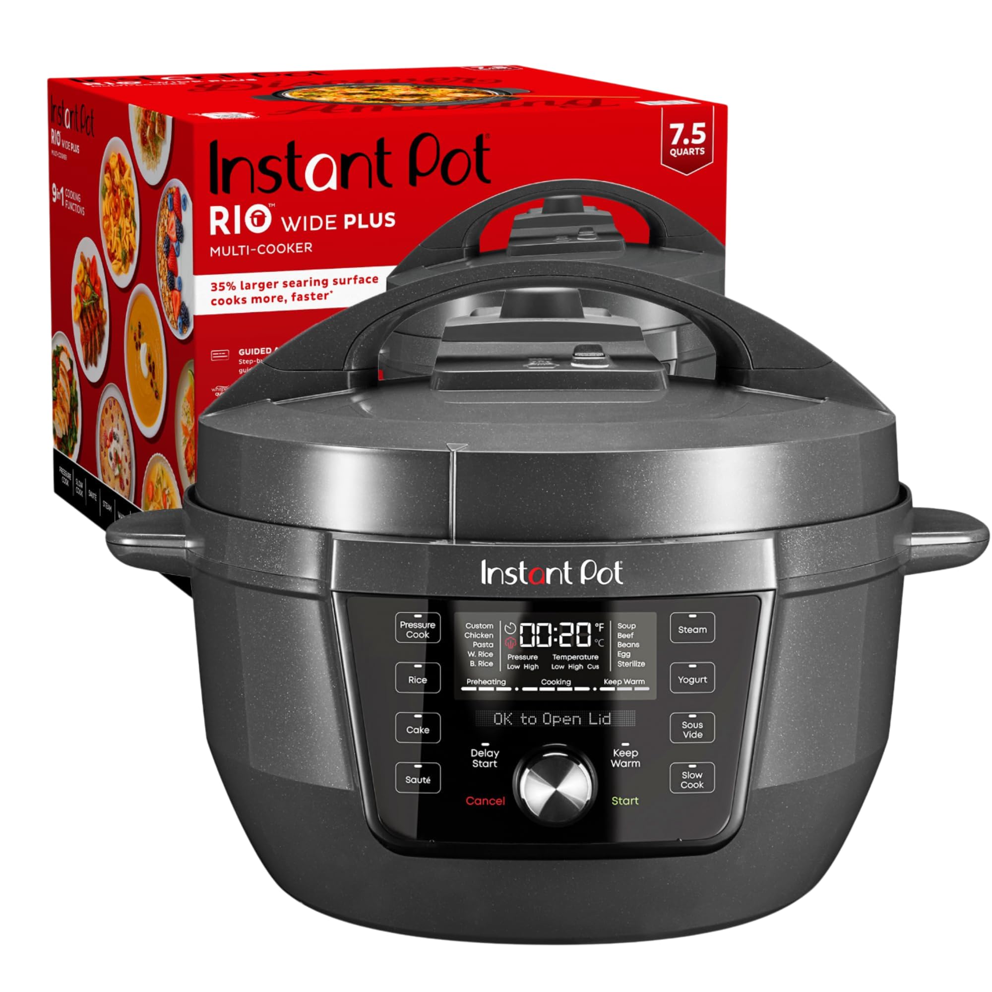 Instant Pot RIO Wide Plus, 9-in-1 Electric Pressure Cooker, 35% Larger Cooking Surface, WhisperQuiet Steam Release, Multi-Cooker, Slow Cook, Rice Maker, Steamer, Sauté, Cake, & Warmer, 7.5 Quarts