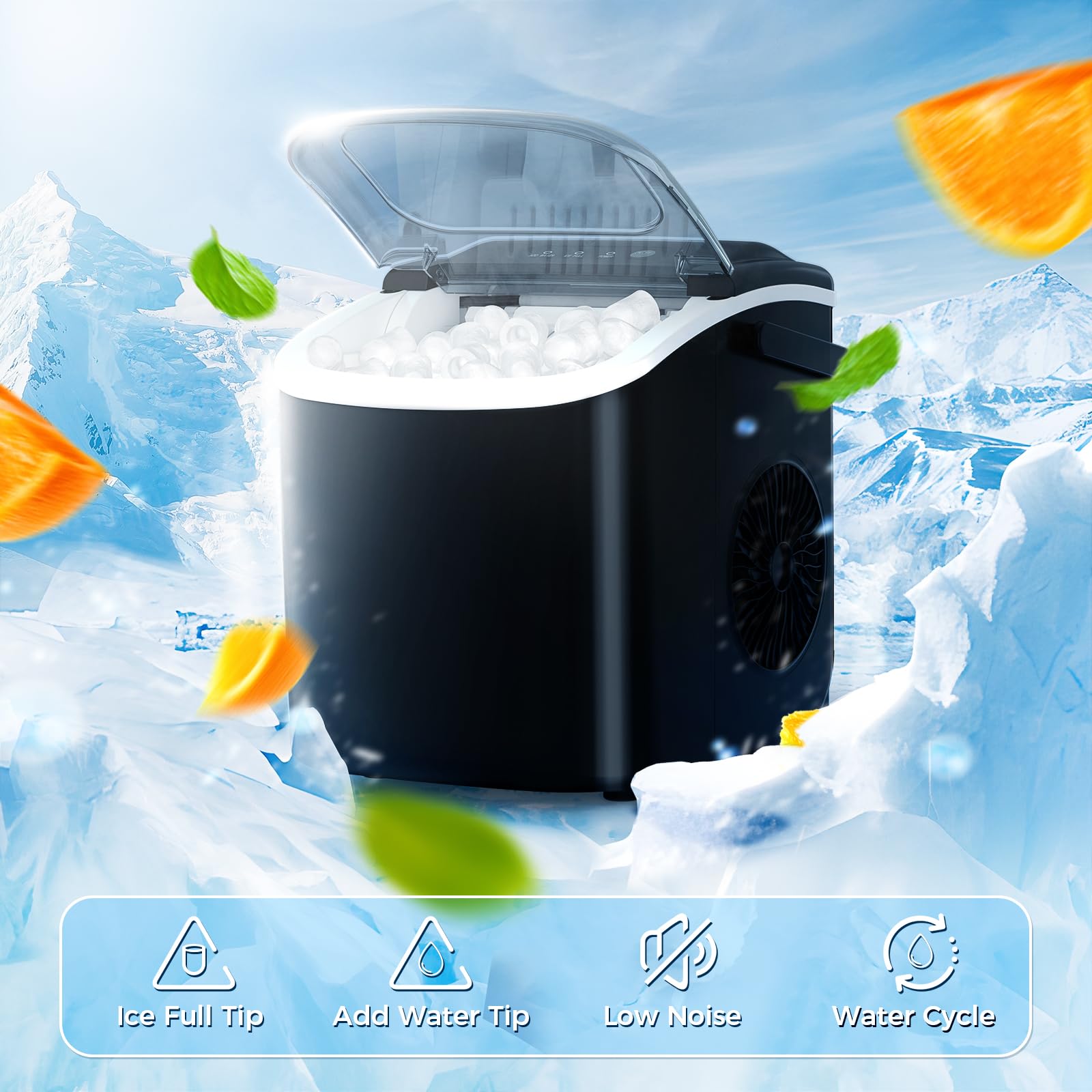 Antarctic Star Countertop Ice Maker Portable Ice Machine with Handle,Self-Cleaning Ice Makers, 26Lbs/24H, 9 Ice Cubes Ready in 6 Mins for Home Kitchen Bar Party (Black)