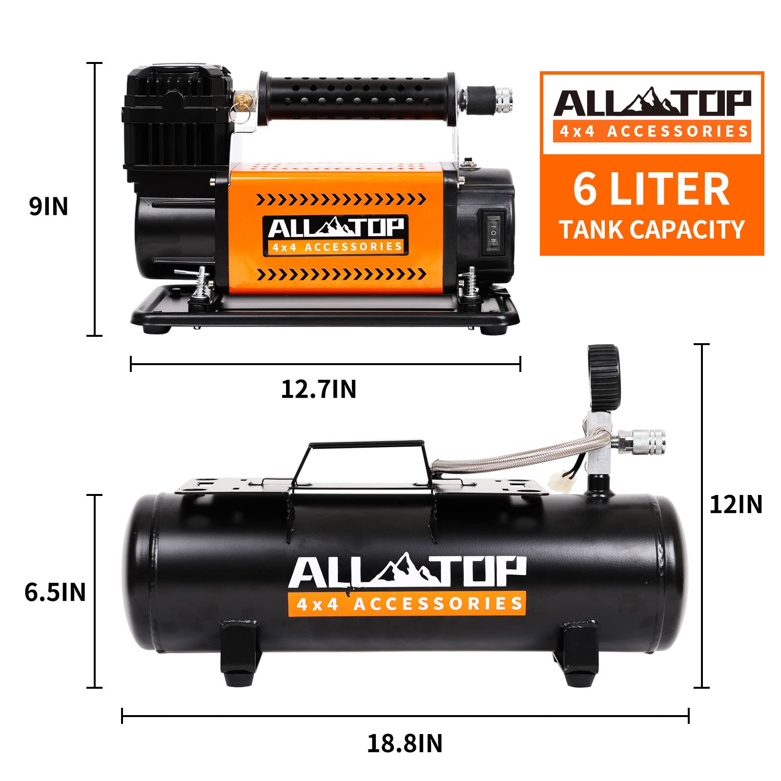 ALL-TOP Air Compressor with 6L Tank Kit,12V Portable Inflator & Oil-Free Steel Tank 6-Liter, Offroad Air Compressor for Truck Tires, Heavy Duty Air Pump Max 150PSI for SUV 4x4 Vehicle RV Tire