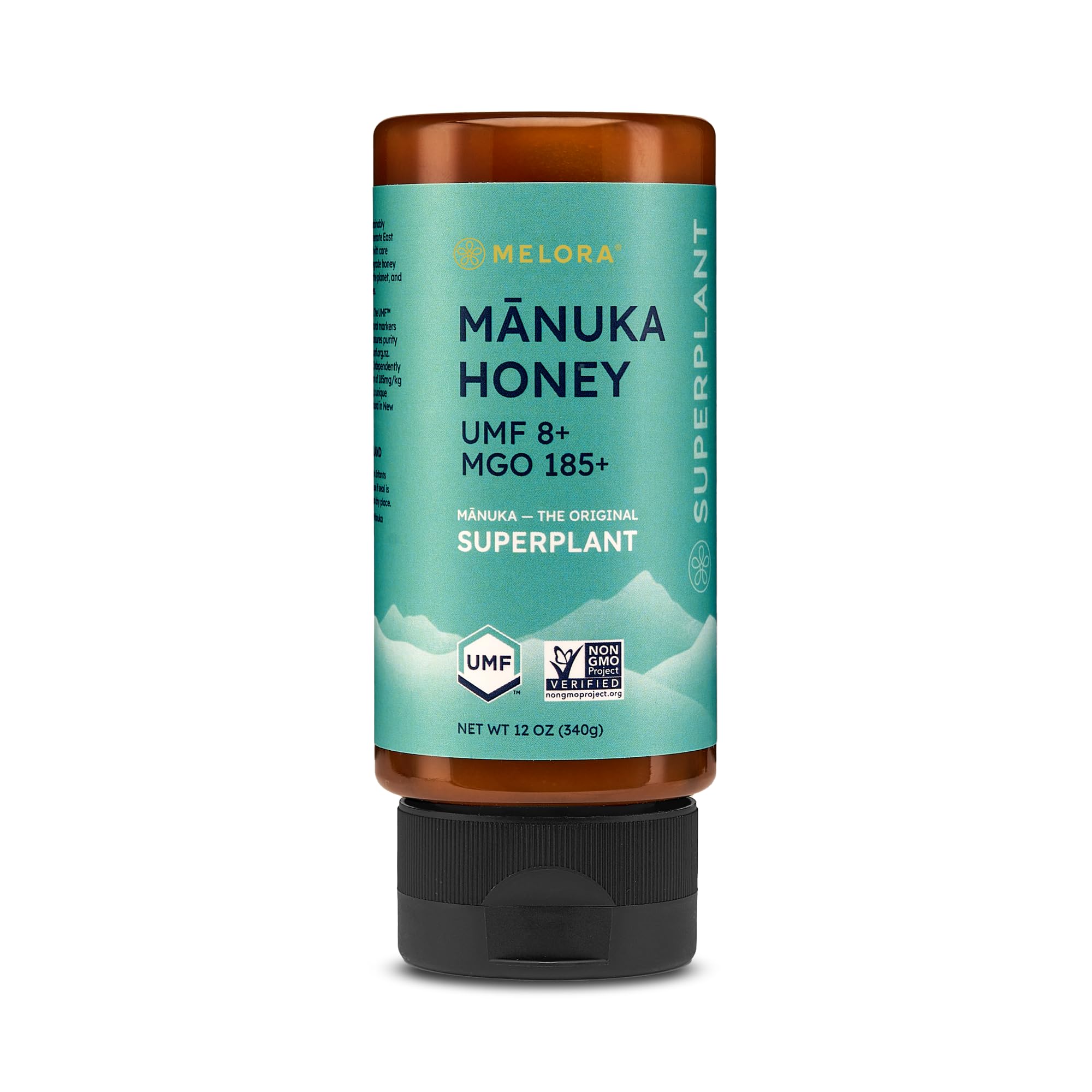 Melora Manuka Honey New Zealand Raw Honey | Pure, Unfiltered, Unpasteurized Honey | Organic Squeeze Bottle | UMF 8+ | MGO 185+ | 12 oz